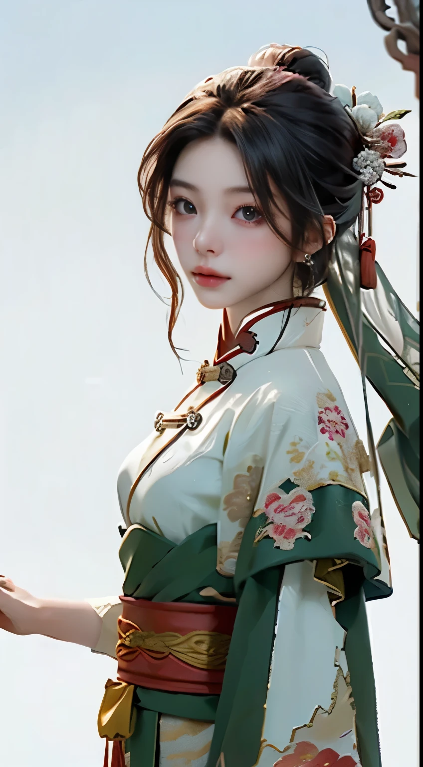 A girl, ancient Chinese costume, sunshine, clear face, clean white background, masterpiece, super detail, epic composition, ultra HD, high quality, extremely detailed, official art, uniform 8k wallpaper, super detail, 32k -- v 6