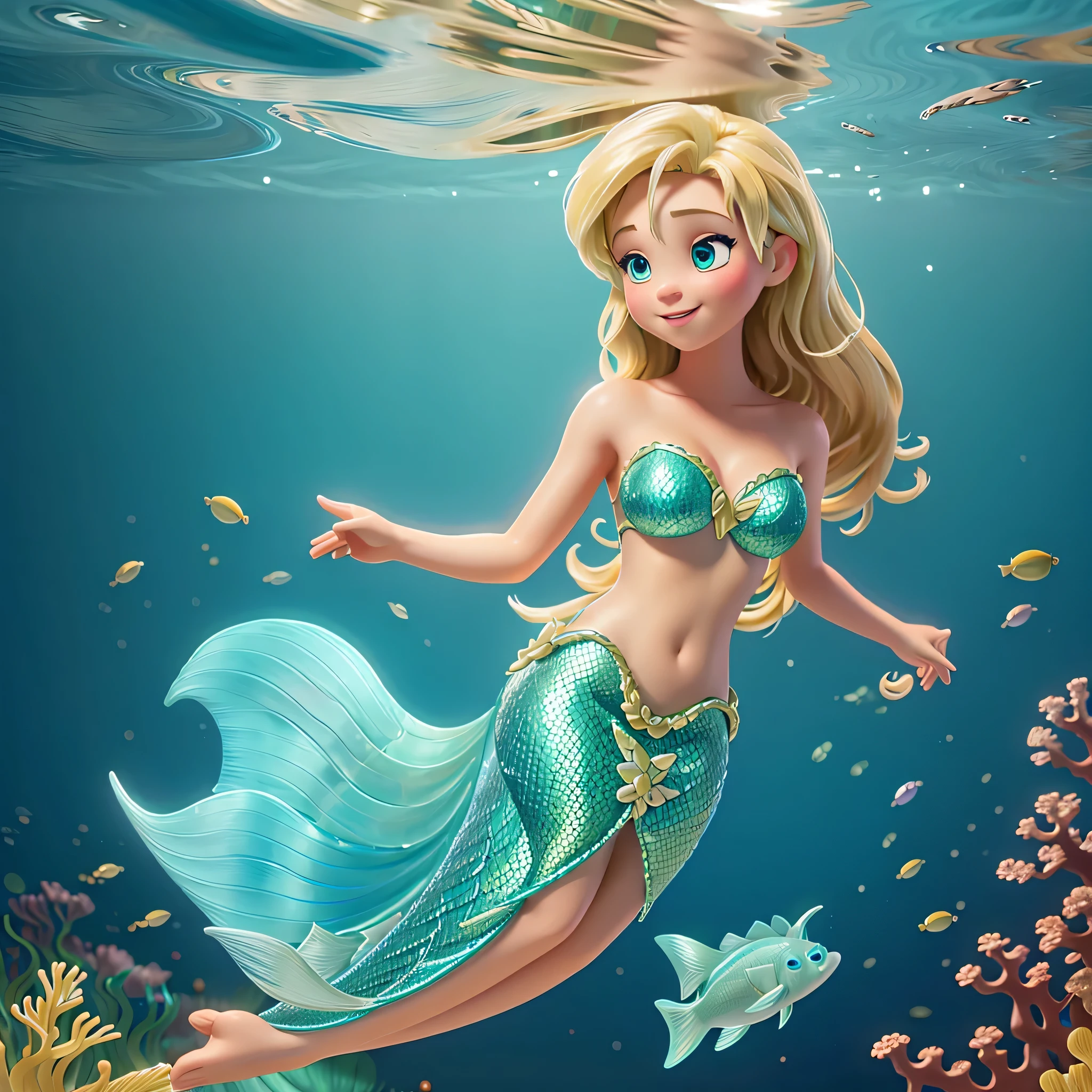 A mermaid dancing gracefully in the depths of the ocean, fish around her, blonde hair, clear blue ocean, detailed, 8k digital painting.
