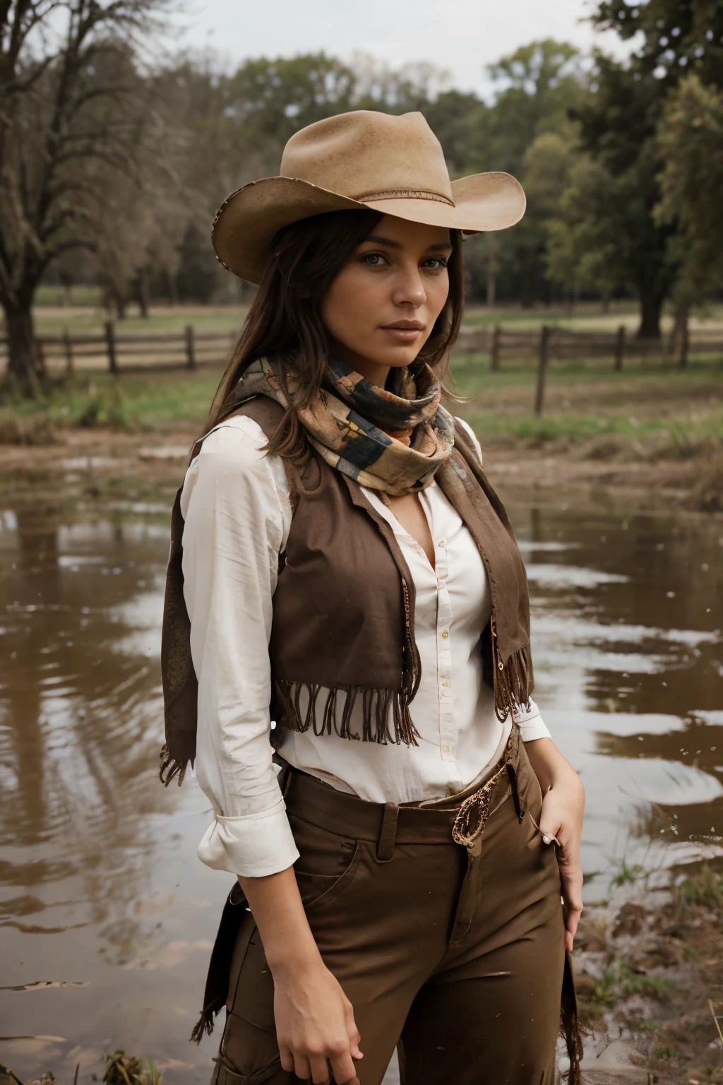 Portrait of a beautiful woman in a muddy farm:1.2 , Cowboy hat, Tassel vest , Pants, scarf , confidence , Medium breasts,