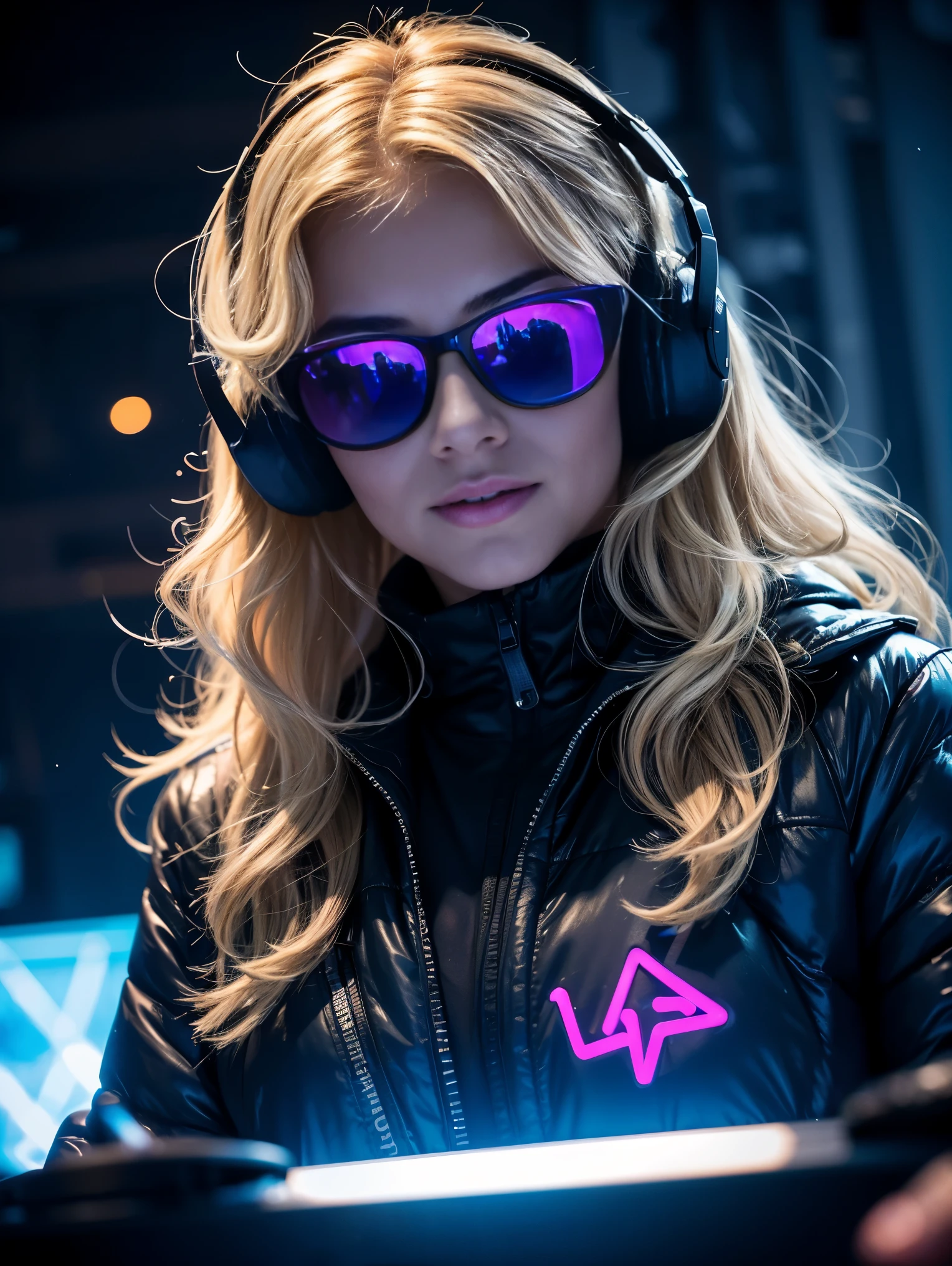 One ultra hot European gorgeous woman, age 23, blonde wavy hair. small sunglasses, full size headphones, dark New Year's outside rave party,DJ working at DJ booth, in a snowy village.neon cyberpunk at night, coordinator neon glow, ultra-detailed, photo-realistic:1.37), portraits, (vivid colors), rave lighting, energetic, enthusiastic, excited, expressive. Winter starry night. Masterpiece. Northern lights, laser light