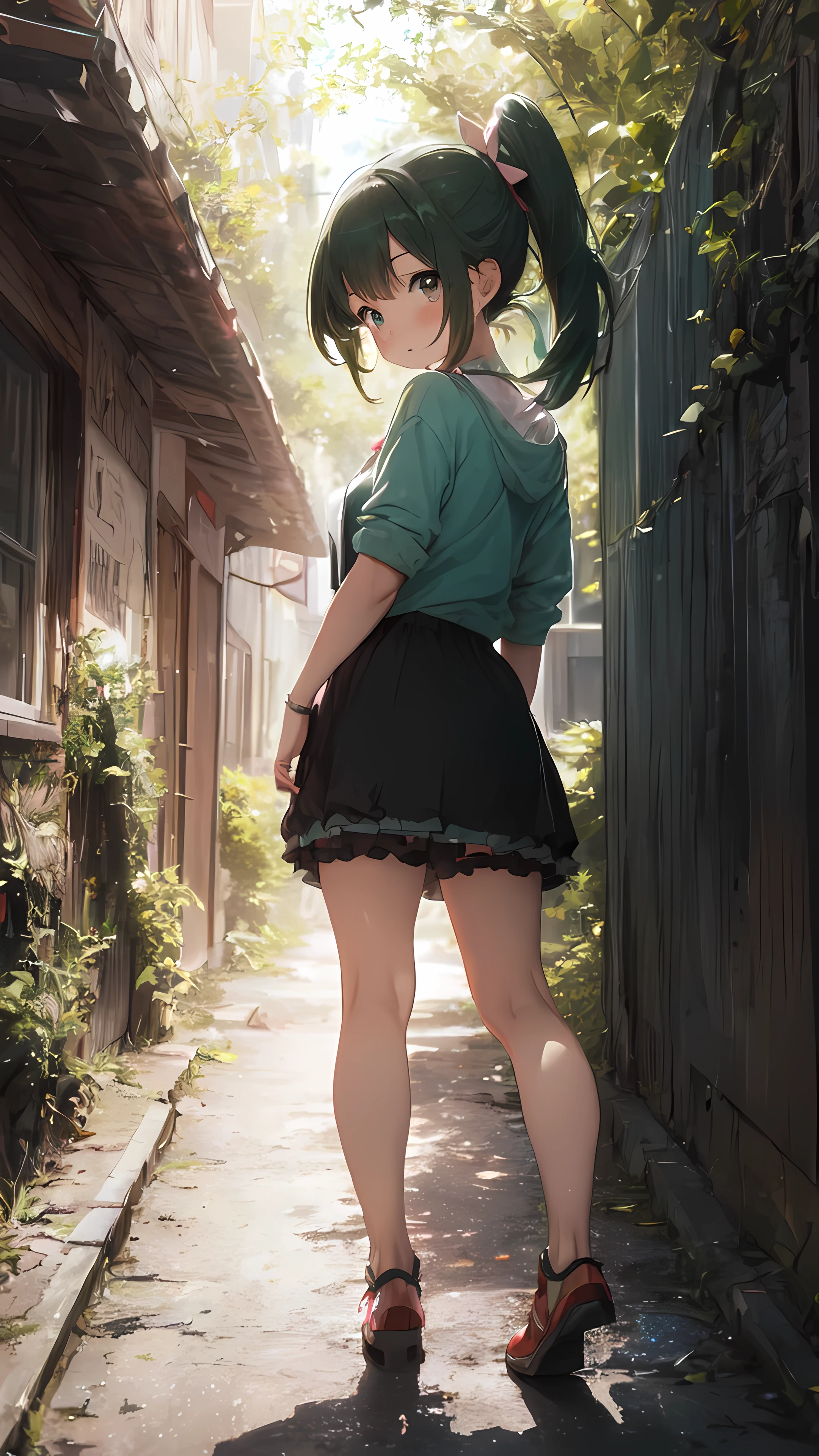 (((On the slope of the cityscape、(back view)、turn around、one girl、(Pretty buttocks、No panties、Pink dressから浮き出るヒップライン)、(Pink dressを着たかわいい女の子、(Pink dress)、、shyness)))、smooth translucent white skin、 ((best quality, muste piece, High resolution:1.2), Super detailed, (Reality:1.37), vividness and color, ticker, studio lighting, Tits sharp focus,Physically based rendering、8K image wallpaper)、(very delicate and beautiful)、(masterpiece)、(highest quality:1.0)、(超High resolution:1.0)、(Precise human body structure)、(complete limbs)、(腕は2Book)、(脚は2Book)、(full finger)、(The fingers are5Book)、(slender beauty)、(Not muscular)、(((((Expressive Ace Perfect、girls dragon ball bloomers、 ribbon lay hair ponytail、green hair、Not Moriman)))、excitement、(blush:1.3)、peaceful scenery、serene landscape、beautiful scenery、stunning landscape、Perfect View
