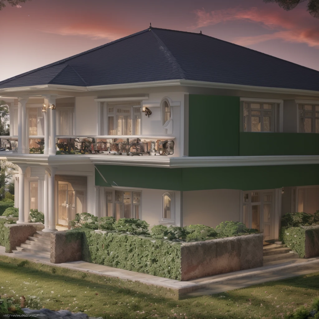 Garden villa, with swimming pool, garden in neoclassical styleClassical style, masterpiece, surreal, rendered by Vray 2023, Vantage, rendered 8k, 16k, ultra HD, iron patterned railings, doors and Wooden windows, Natural light, cloudy, daylight, fence around the house, 16K