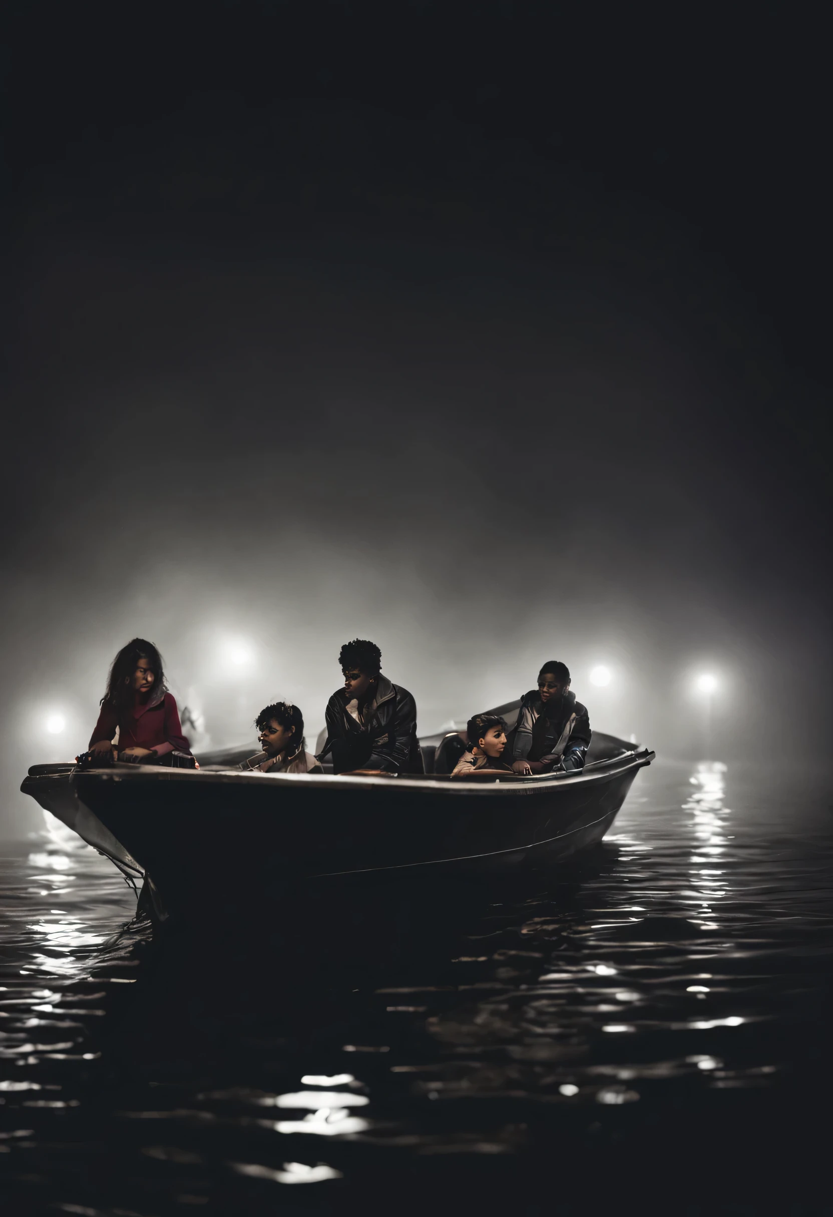 2 girls, one and the other 12 years old boat with men in the same boat, in the nile river, foggy night, at 2am, the girls full of fear with fear eyes, on wide shot, realistic photo