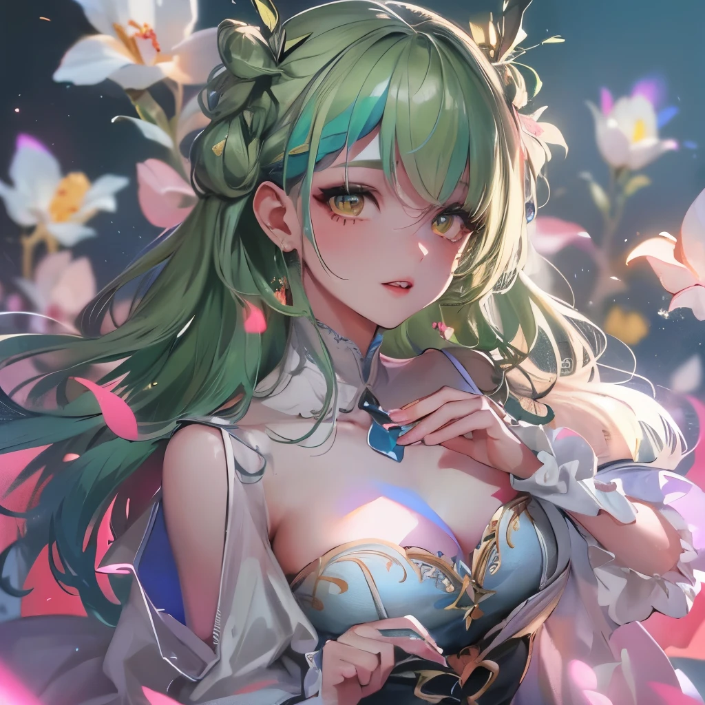 (masterpiece), 8k cg, stunningly beautiful girl, intricate details, chromatic aberration, ((bust shot)), ((looking at viewer)), 1girl, Ceres Fauna, (FaunaBase, long hair, braided bangs, hair flower, blue dress, wide sleeves, single thighhigh, bridal gauntlets), Dynamic, extremely beautiful and delicate portrait, cute face, wide smile, joyful, soft cheeks, blush, makeup, absurdres, cinematic lighting, dynamic lighting, fantasy, ((dark background, fog))