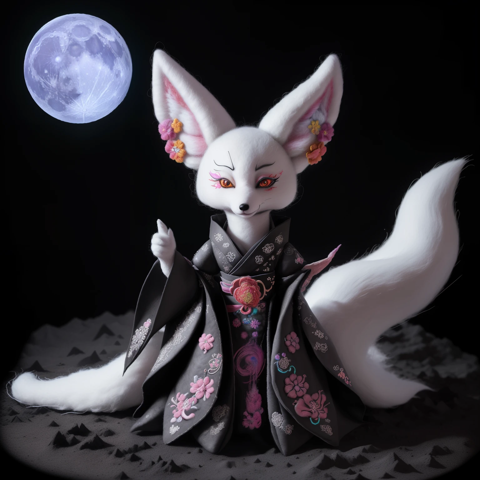 (a needle-felted Kitsune),(ornate embroidered floral on the moon),(graffiti-style),(ink splatters),(charcoal dustings),(photography),(baroque elegance:1.1),(powdery),(origami style),(2K),(HDR)