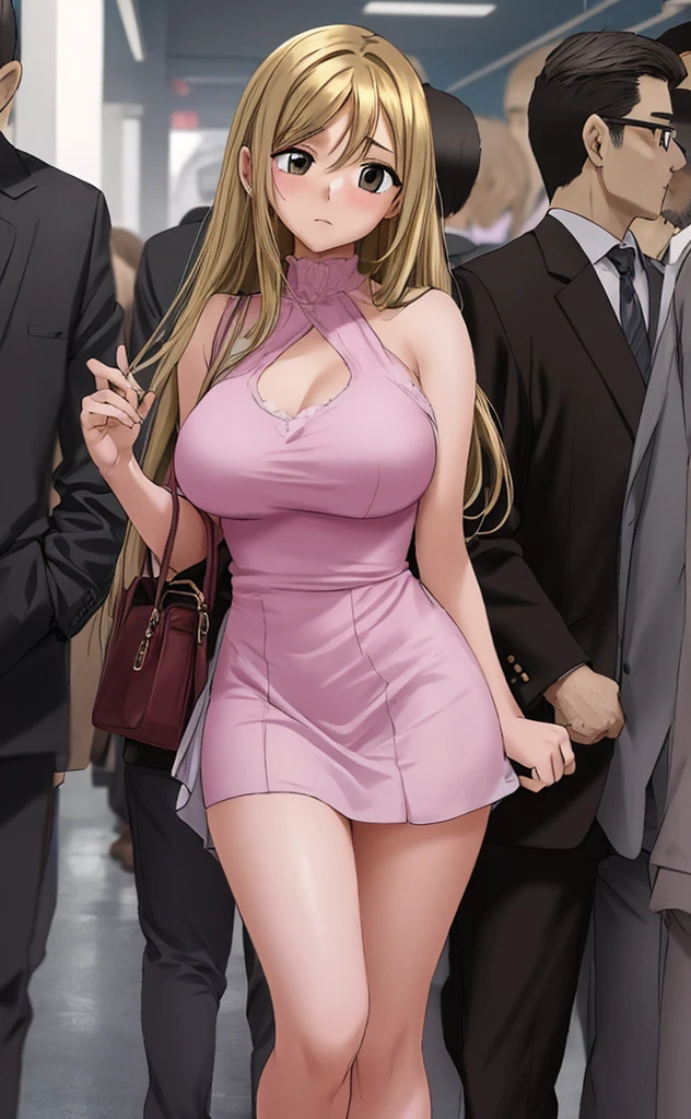 A beautiful woman with long walnut-colored hair, big breasts, and beautiful legs is standing in a crowded train with middle-aged men in suits, wearing a pale pink dress that shows her shoulders and a slightly dark white miniskirt.。I&#39;m glaring at a middle-aged man in a suit standing behind me.。