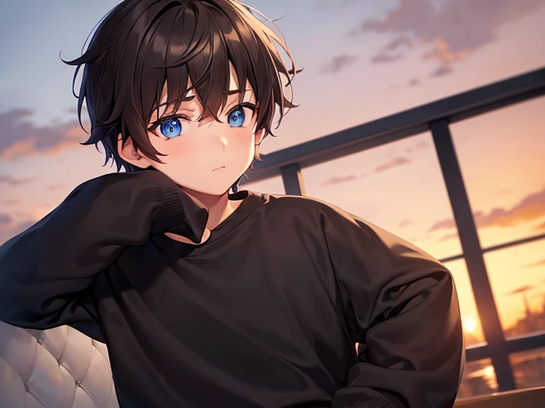 a boy, dark brown hair, blue eyes, looking at the camera, with headphones, wearing a black sweatshirt, black sweatpants, with his hands in his shirt pocket, at sunset