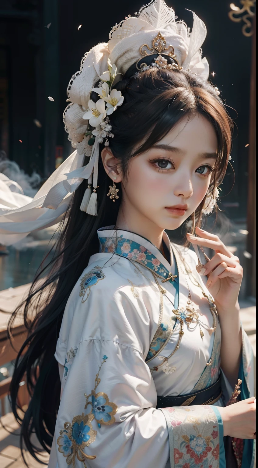 Zhongfenghua, 1 girl, alone, Hanfu, antique_Chinese_architecture, ทุ่งflowerไม้, flower, (white smoke:1.3) (realistic:1.4), zintricate, Mandala, intricate, official art, unity wallpaper 8k, very detailed, beautiful and beautiful, Masterpiece,best quality, (Dynamic angle:1.4), Glowing skin, (Multi-colored glitter floats.:1) The most beautiful chaos, elegant, Cruel designed, bright colors, Romantic Exotic Depth of Field_dance