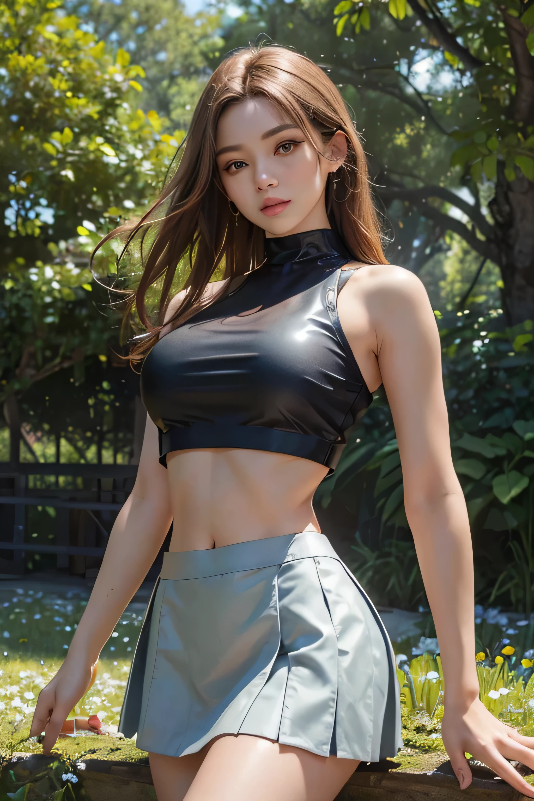 "ultrarealistic, ultra-detailed,(best quality,4k,8k,highres,masterpiece:1.2),young woman, gorgeous glossy skin, (wearing a crop top with low-cut armholes and a miniskirt:1.6), large perky breasts, (perfectly symmetrical and proportionate face), captivatingly looking at the viewer, makes eye contact. vivid colors, beautiful lighting, soft warm tones, with a subtle touch of sunlight falling from the side, highlighting her features. The background consists of a lush green garden with blooming flowers, adding a touch of natural beauty to the scene.+"