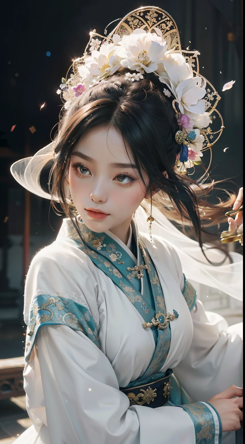 Zhongfenghua, 1 girl, alone, Hanfu, antique_Chinese_architecture, ทุ่งflowerไม้, flower, (white smoke:1.3) (realistic:1.4), zintricate, Mandala, intricate, official art, unity wallpaper 8k, very detailed, beautiful and beautiful, Masterpiece,best quality, (Dynamic angle:1.4), Glowing skin, (Multi-colored glitter floats.:1) The most beautiful chaos, elegant, Cruel designed, bright colors, Romantic Exotic Depth of Field_dance
