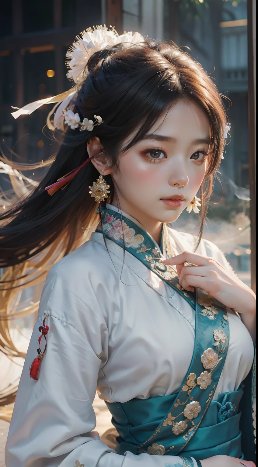Zhongfenghua, 1 girl, alone, Hanfu, antique_Chinese_architecture, ทุ่งflowerไม้, flower, (white smoke:1.3) (realistic:1.4), zintricate, Mandala, intricate, official art, unity wallpaper 8k, very detailed, beautiful and beautiful, Masterpiece,best quality, (Dynamic angle:1.4), Glowing skin, (Multi-colored glitter floats.:1) The most beautiful chaos, elegant, Cruel designed, bright colors, Romantic Exotic Depth of Field_dance