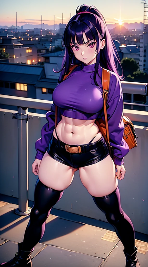 1990s anime, (masterpiece), high-definition, detailed face, korean girl, abs, big , big hips, messy dark purple hair, orange eyes, crop top sweater, jacket, shorts, belt, (thong: 1.2), thigh high stockings, boots, fishnet, balcony, leaning on the railing, (messenger bag), sunset