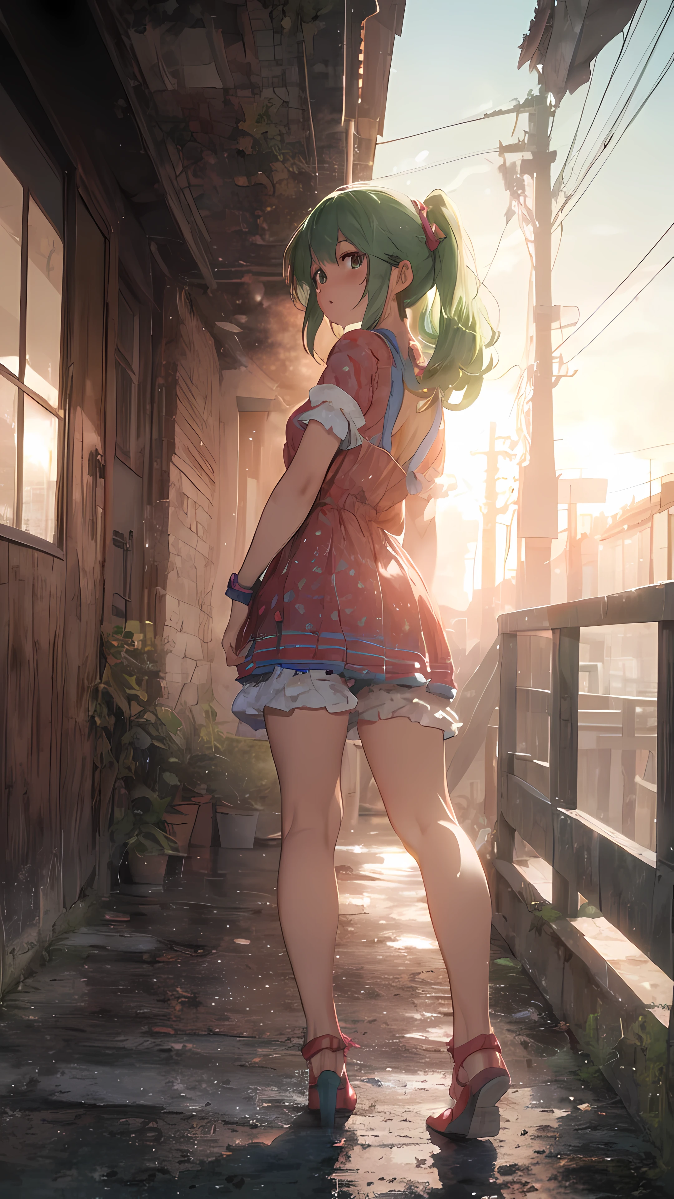 (((On the slope of the cityscape、(back view)、turn around、one girl、(Pretty buttocks、No panties、Pink dressから浮き出るヒップライン)、(Pink dressを着たかわいい女の子、(Pink dress)、、shyness)))、smooth translucent white skin、 ((best quality, muste piece, High resolution:1.2), Super detailed, (Reality:1.37), vividness and color, ticker, studio lighting, Tits sharp focus,Physically based rendering、8K image wallpaper)、(very delicate and beautiful)、(masterpiece)、(highest quality:1.0)、(超High resolution:1.0)、(Precise human body structure)、(complete limbs)、(腕は2Book)、(脚は2Book)、(full finger)、(The fingers are５Book)、(slender beauty)、(Not muscular)、(((((Expressive Ace Perfect、girls dragon ball bloomers、 ribbon lay hair ponytail、green hair、Not Moriman)))、excitement、(blush:1.3)、peaceful scenery、serene landscape、beautiful scenery、stunning landscape、Perfect View