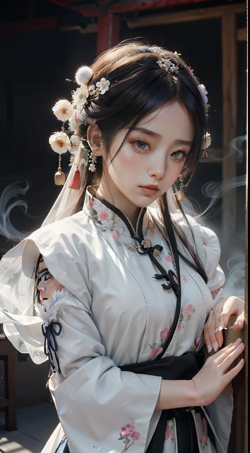 Zhongfenghua, 1 girl, alone, Hanfu, antique_Chinese_architecture, ทุ่งflowerไม้, flower, (white smoke:1.3) (realistic:1.4), zintricate, Mandala, intricate, official art, unity wallpaper 8k, very detailed, beautiful and beautiful, Masterpiece,best quality, (Dynamic angle:1.4), Glowing skin, (Multi-colored glitter floats.:1) The most beautiful chaos, elegant, Cruel designed, bright colors, Romantic Exotic Depth of Field_dance
