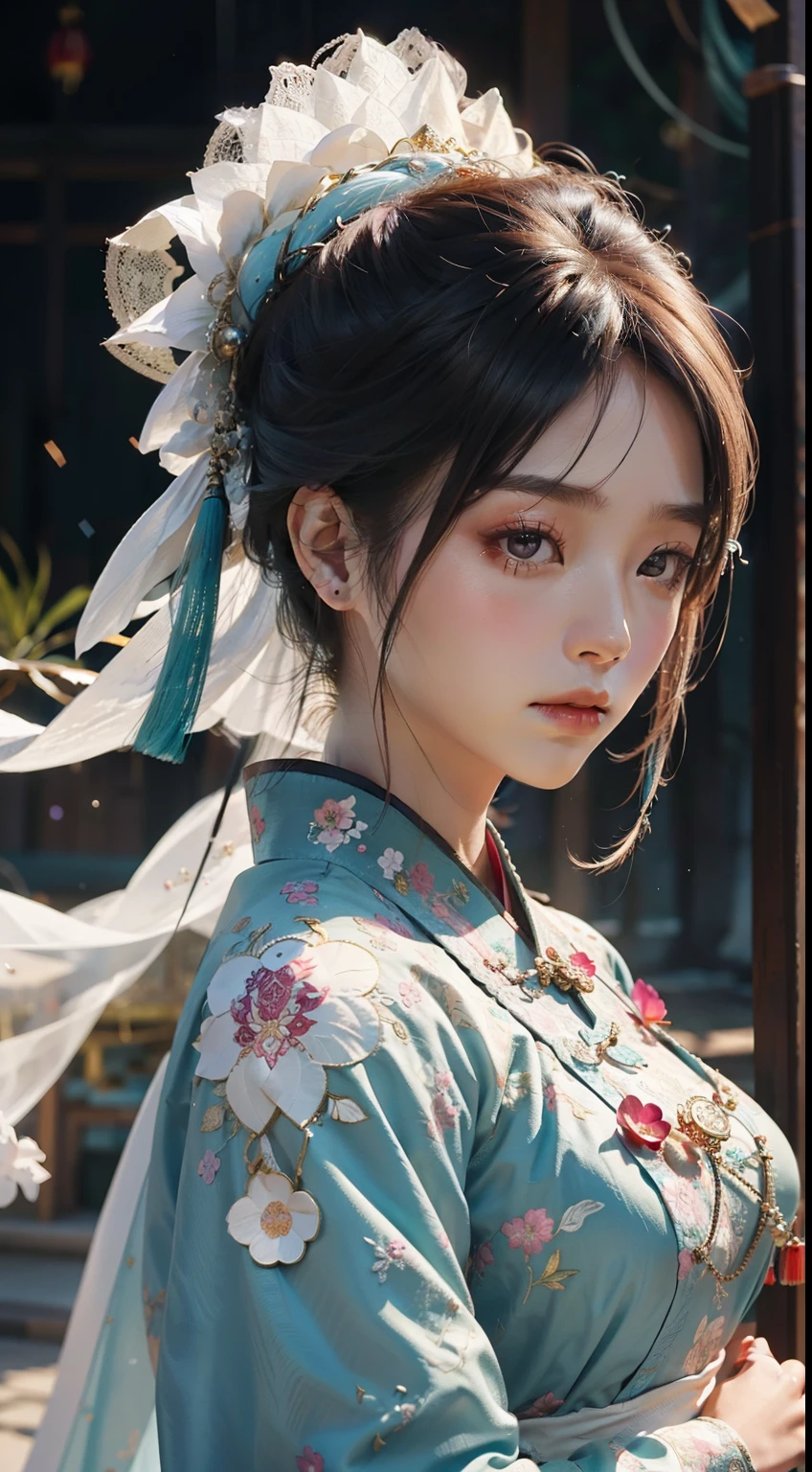 Zhongfenghua, 1 girl, alone, Hanfu, antique_Chinese_architecture, ทุ่งflowerไม้, flower, (white smoke:1.3) (realistic:1.4), zintricate, Mandala, intricate, official art, unity wallpaper 8k, very detailed, beautiful and beautiful, Masterpiece,best quality, (Dynamic angle:1.4), Glowing skin, (Multi-colored glitter floats.:1) The most beautiful chaos, elegant, Cruel designed, bright colors, Romantic Exotic Depth of Field_dance