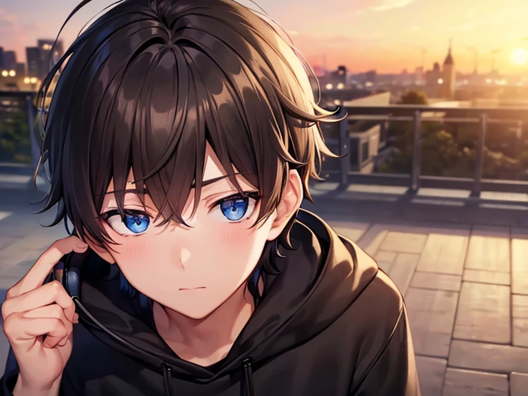 a boy, dark brown hair, blue eyes, looking at the camera, with headphones, wearing a black sweatshirt, black sweatpants, at sunset