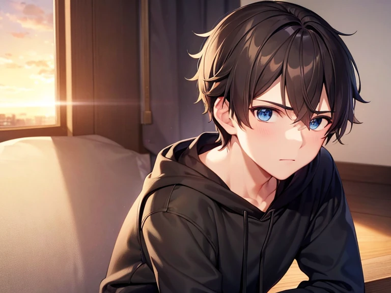 a boy, dark brown hair, blue eyes, looking at the camera, with headphones, wearing a black sweatshirt, black sweatpants, at sunset