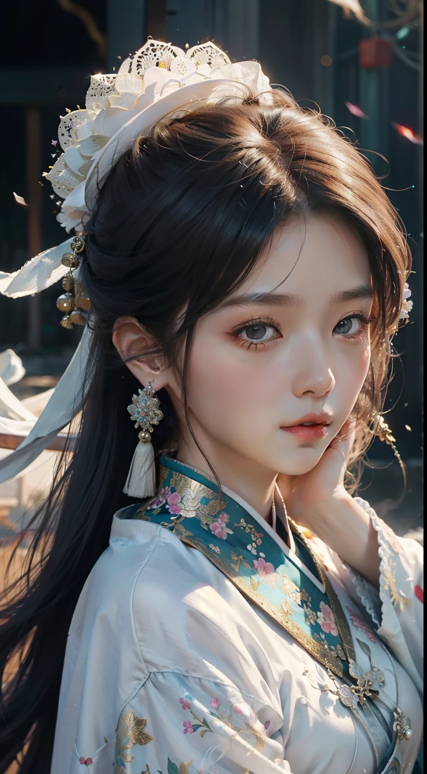 Zhongfenghua, 1 girl, alone, Hanfu, antique_Chinese_architecture, ทุ่งflowerไม้, flower, (white smoke:1.3) (realistic:1.4), zintricate, Mandala, intricate, official art, unity wallpaper 8k, very detailed, beautiful and beautiful, Masterpiece,best quality, (Dynamic angle:1.4), Glowing skin, (Multi-colored glitter floats.:1) The most beautiful chaos, elegant, Cruel designed, bright colors, Romantic Exotic Depth of Field_dance