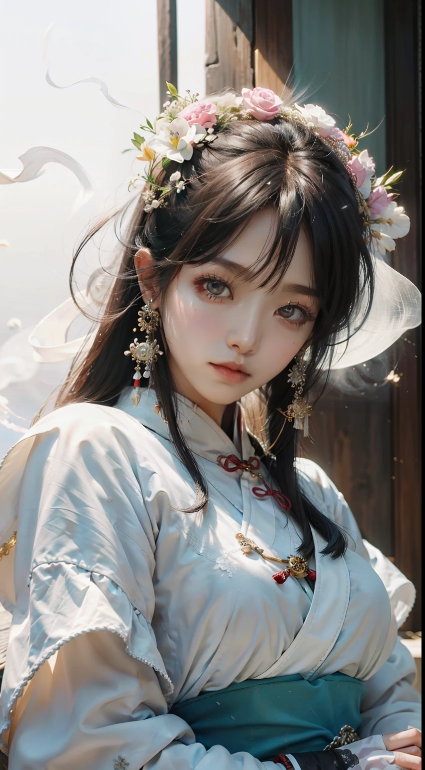 Zhongfenghua, 1 girl, alone, Hanfu, antique_Chinese_architecture, ทุ่งflowerไม้, flower, (white smoke:1.3) (realistic:1.4), zintricate, Mandala, intricate, official art, unity wallpaper 8k, very detailed, beautiful and beautiful, Masterpiece,best quality, (Dynamic angle:1.4), Glowing skin, (Multi-colored glitter floats.:1) The most beautiful chaos, elegant, Cruel designed, bright colors, Romantic Exotic Depth of Field_dance