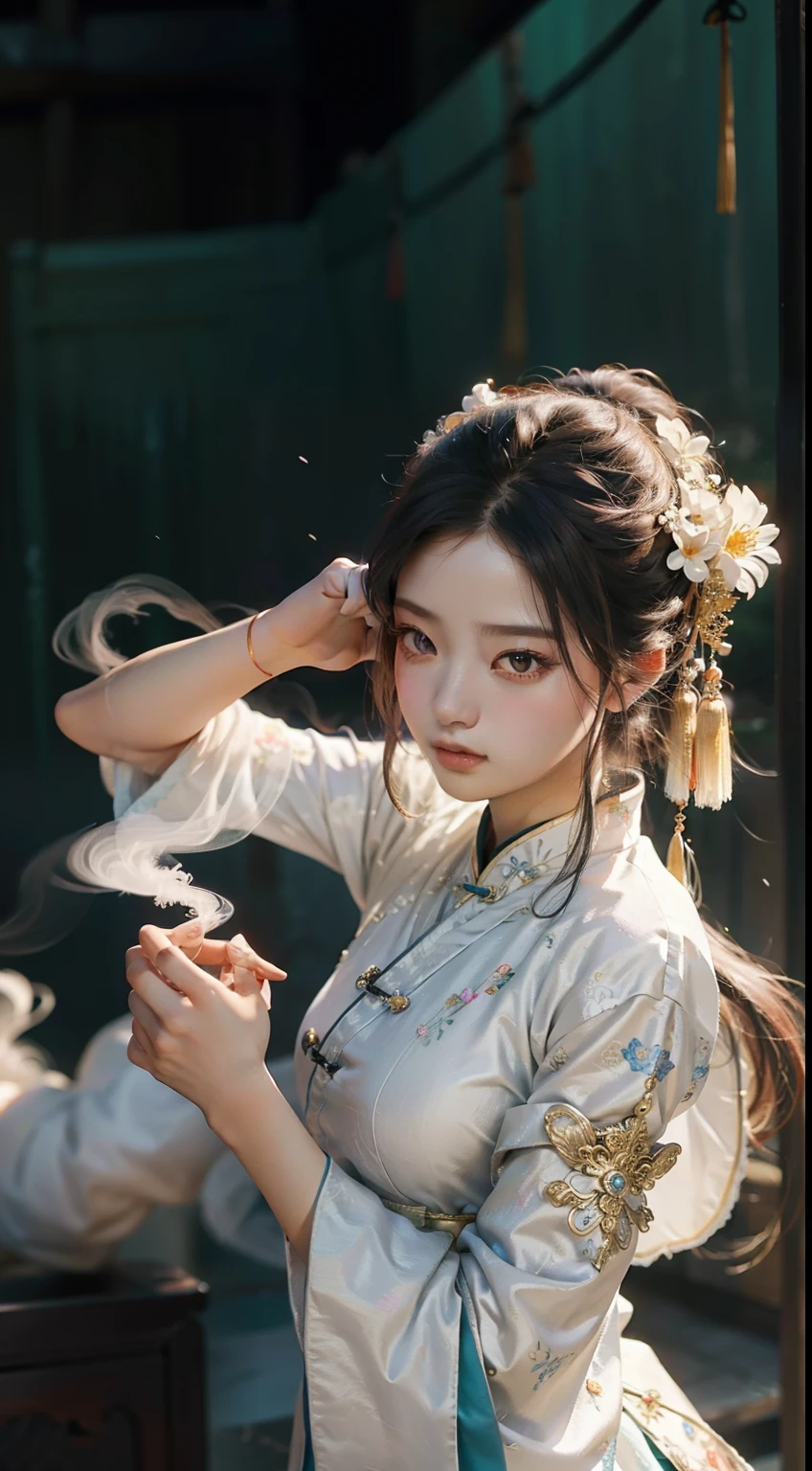 Zhongfenghua, 1 girl, alone, Hanfu, antique_Chinese_architecture, ทุ่งflowerไม้, flower, (white smoke:1.3) (realistic:1.4), zintricate, Mandala, intricate, official art, unity wallpaper 8k, very detailed, beautiful and beautiful, Masterpiece,best quality, (Dynamic angle:1.4), Glowing skin, (Multi-colored glitter floats.:1) The most beautiful chaos, elegant, Cruel designed, bright colors, Romantic Exotic Depth of Field_dance