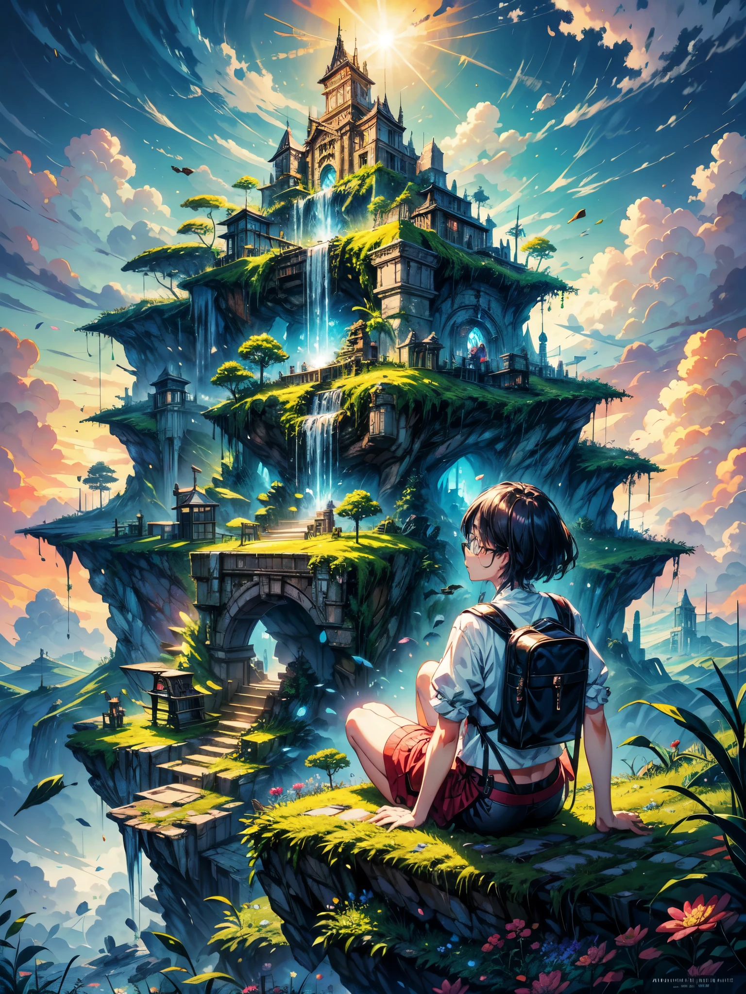 shinkai Mokoto and Ghibli anime style, from behind,above the cloud,a girl in adventure outfit sitting on a mossy stage looking at the majestic lost city and the giant world tree next to it, lost city above the cloud and towering sky, magical glowing partical, vibrant dreamy colorful sky and fluffy clouds, books, apple, glasses, calm,petal,wind blowing hair,sun shine