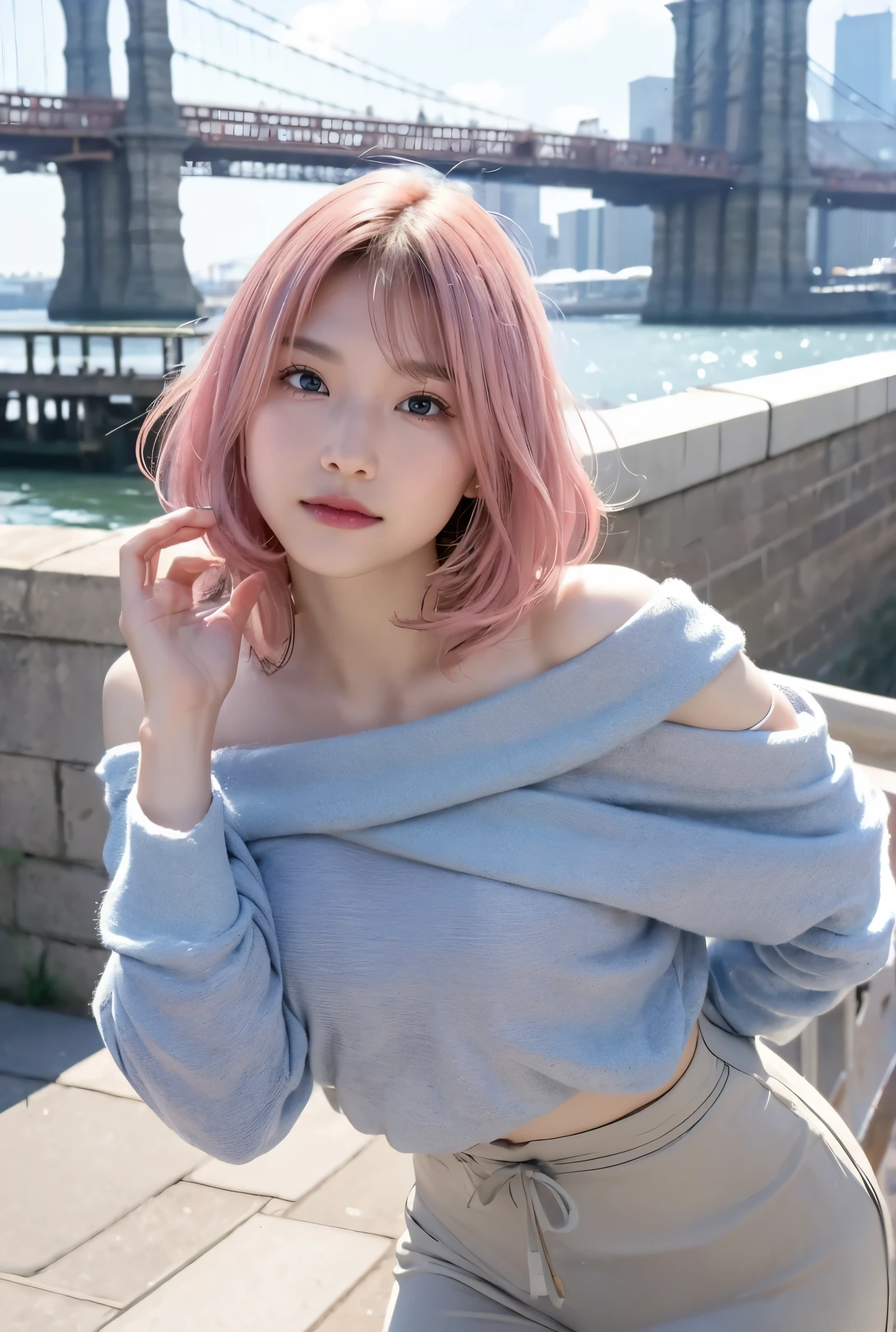 pose for a photo、model pose、bold pose、raise both hands、leaning forward posture、(standing with legs wide apart:1.3)、(pink hair:1.1)、beautiful asian girl、japanese girl、cute thin face of girl、young woman、short hair、smile、((highest quality、8k、masterpiece:1.3))、focus:1.2、perfect body beauty:1.4、butt:1.4、((layered haircut、beautiful breasts))、off shoulder,tops,sexy,long sleeve shirt,oversized fashion,casual,batwing sweater,プルオーバーチュニックtops、skort skirt、 high waist、 mini short skort、See-through;1.3、No frills:1.1、Highly detailed face and skin texture、delicate eyes、double eyelid、 white skin、long hair、(blue sky:1.1)、Brooklyn Bridge、Brooklyn cityscape
