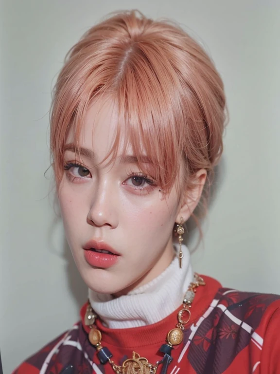a closeup of a person wearing a necklace and a red sweater, retrato de jossi de blackpink, Jimin, Jimin\los labios carnosos, Jimin\his right eyelid is swollen, park Jimin, accurate Jimin face, yanjun chengt, Jimin\la nariz griega, cai xukun, desde 8k mate, kim doyoung, Con pelo corto