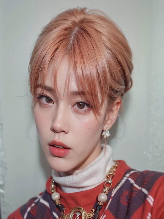 a closeup of a person wearing a necklace and a red sweater, retrato de jossi de blackpink, Jimin, Jimin\los labios carnosos, Jimin\his right eyelid is swollen, park Jimin, accurate Jimin face, yanjun chengt, Jimin\la nariz griega, cai xukun, desde 8k mate, kim doyoung, Con pelo corto
