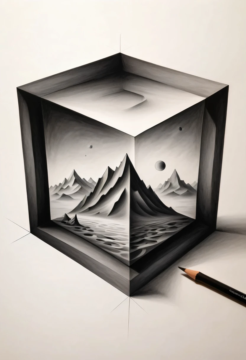 Optical illusion art,Draw a 3D diagram on a piece of paper,square paper,3D artwork,Surrealism,The details are impeccable,Drawing with charcoal,simple