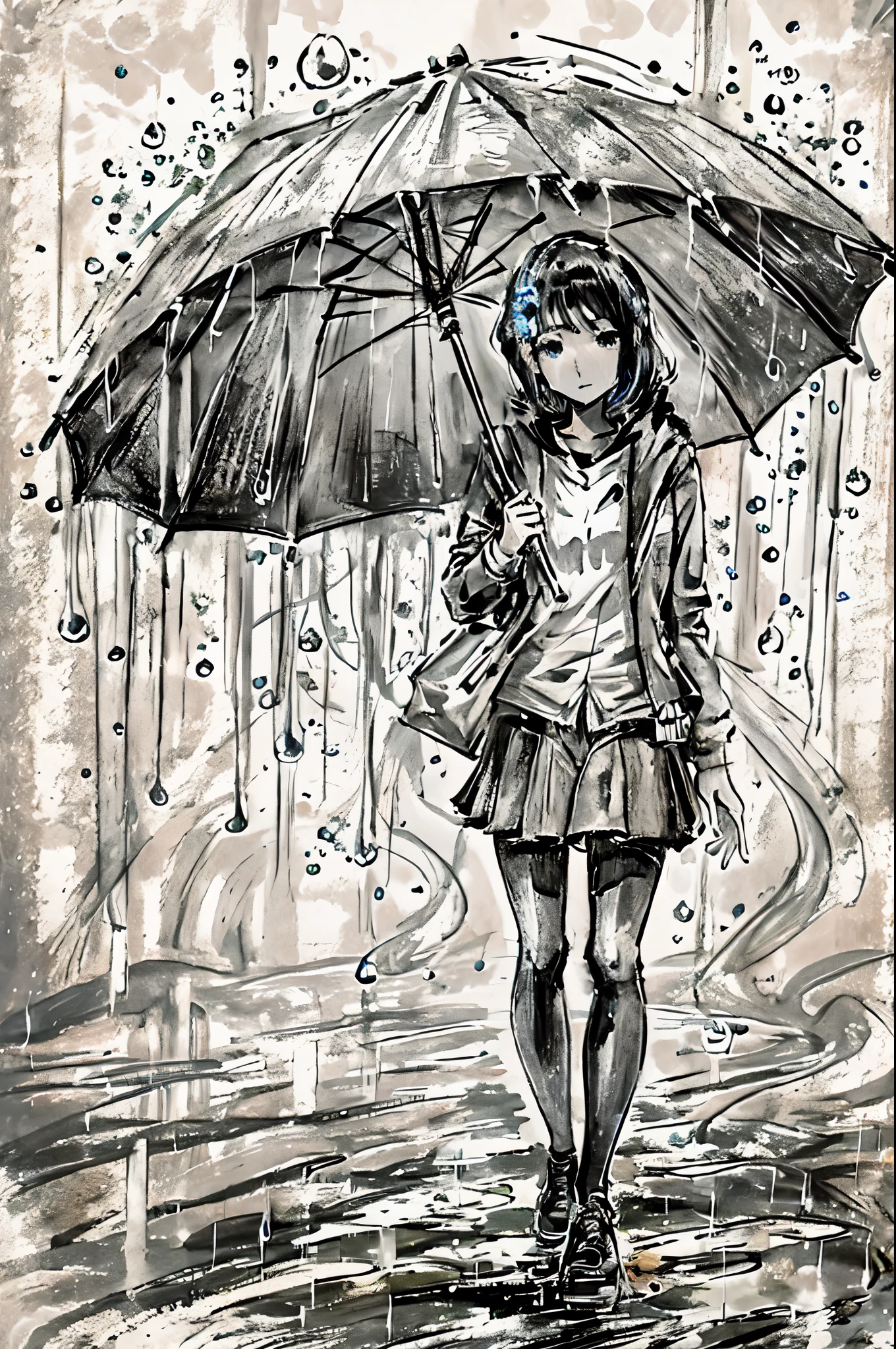 A black and white drawing on parchment paper of a girl holding umbrellain the rain, vector art style, highly detailed, creative, splash ink, dynamic pose, concept art design, digital painting.