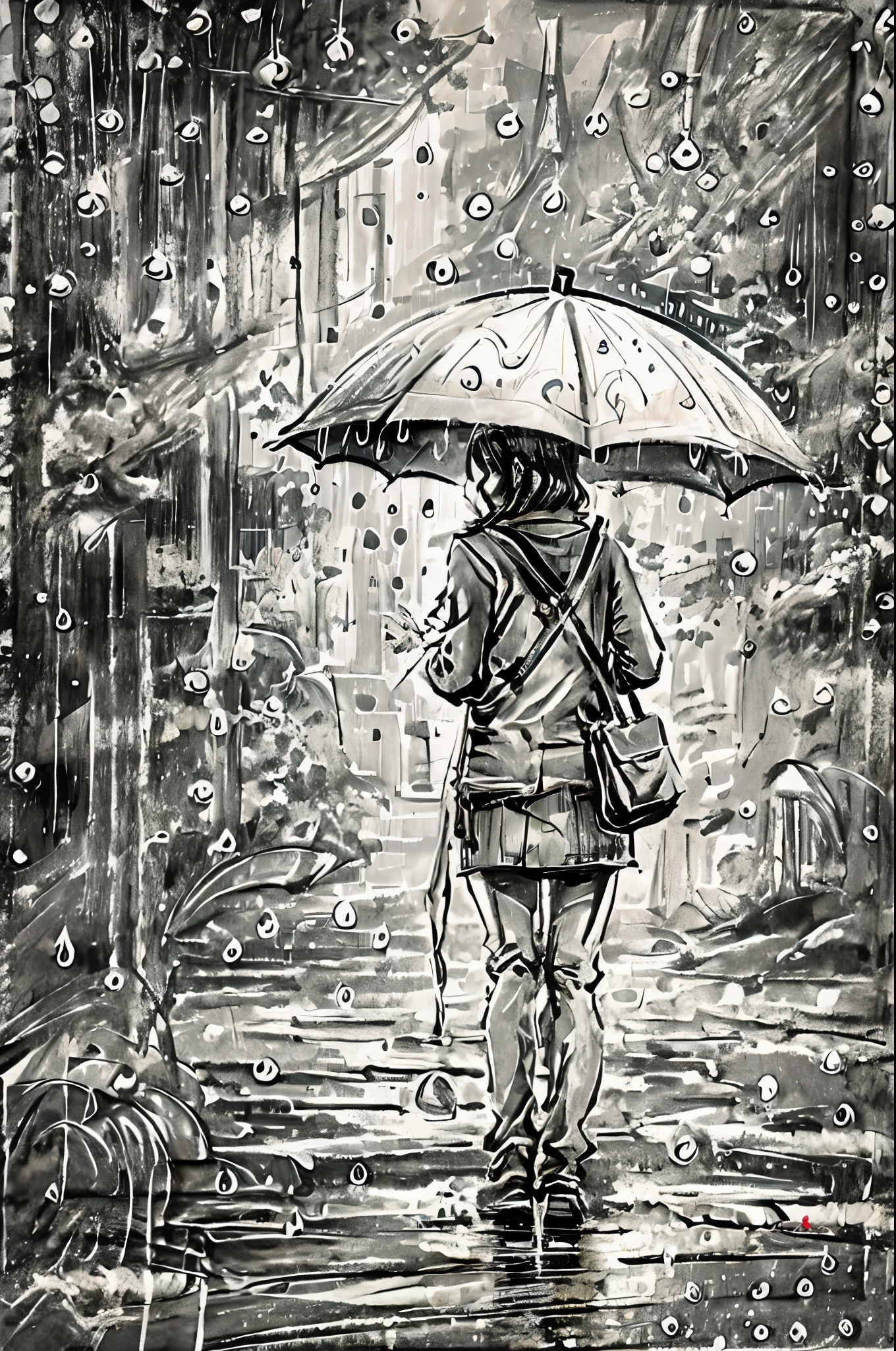 A black and white drawing on parchment paper of a girl holding umbrellain the rain, vector art style, highly detailed, creative, splash ink, dynamic pose, concept art design, digital painting.