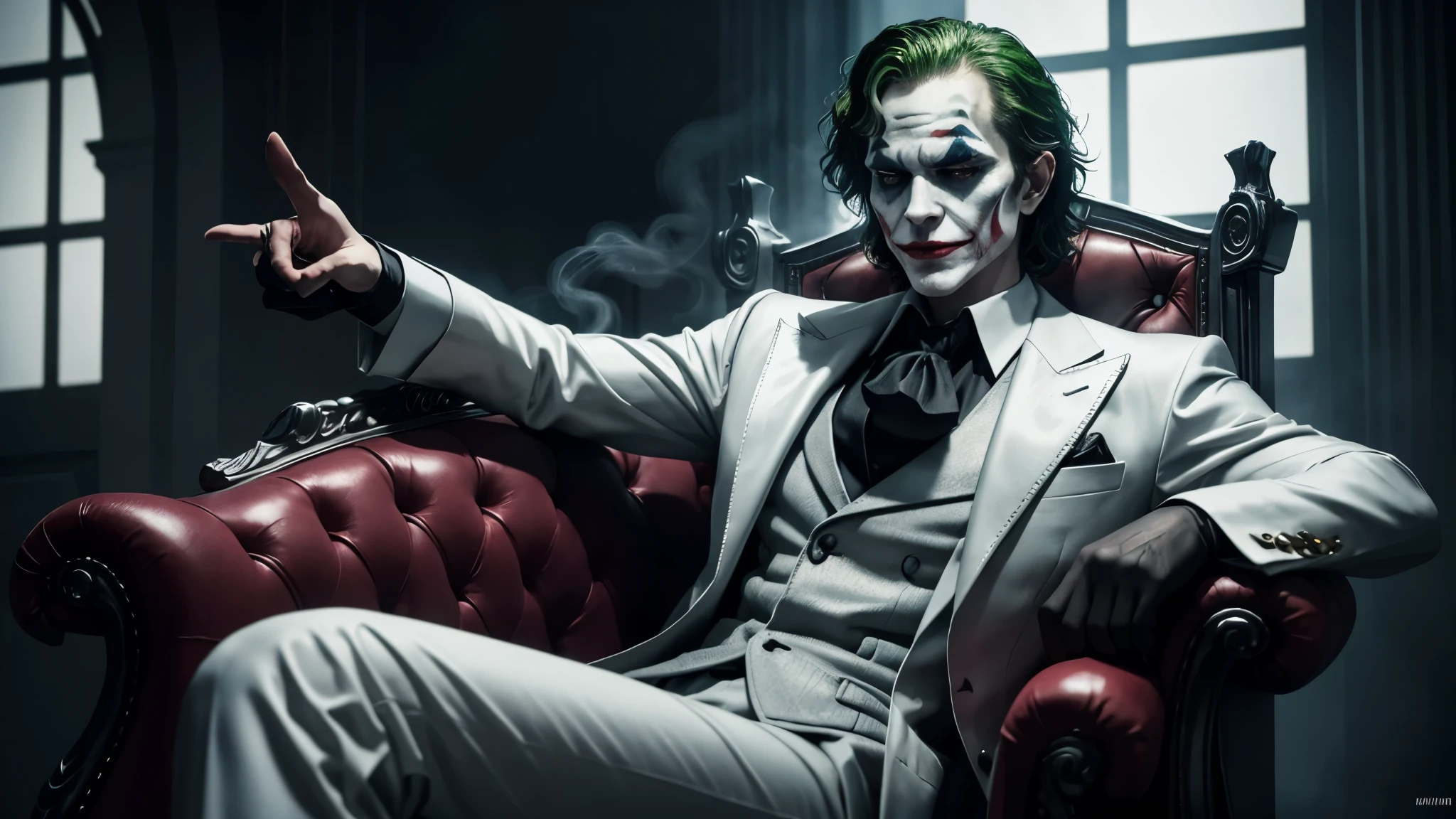 JOKER, sitting on the silver throne, wearing a white teamsuit, cool, handsome, with makeup, in a realistic, 4k HD resolution, ultra-detailed, and high-quality image. The scene is filled with smoke, giving it a mysterious atmosphere. In the image, JOKER has a serious and intense expression, exuding a sense of power and authority. The silver throne adds a touch of elegance and luxury to the overall composition. JOKER's white teamsuit fits perfectly, enhancing his stylish and fashionable appearance. The makeup on his face is intricately done, highlighting his features and adding an element of theatricality. The image captures every detail with precision, showcasing the fine lines, textures, and shading of JOKER's face and costume. The color tone is rich and vibrant, contributing to the overall visual impact. The lighting emphasizes the intensity of the scene, casting dramatic shadows and enhancing the depth of the image.