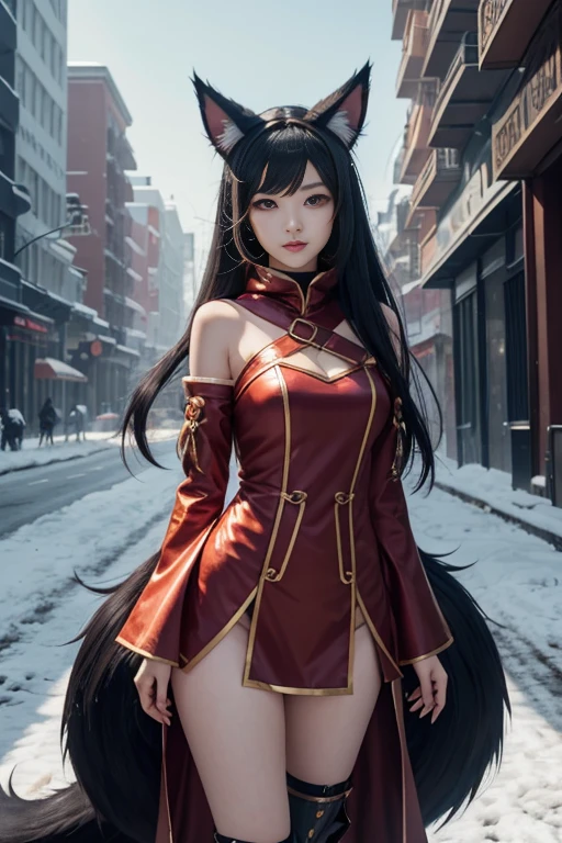ahri, ahri_(league_of_legends), 1girl, absurdres, animal_ears, black_hair, detached_sleeves, distr, facial_mark, fox_ears, fox_tail, hand_up, highres, league_of_legends, long_hair, snowsuit, magic, multiple_tails, white_tails, orange_eyes, parted_lips, solo, standing, tail, full_body, arms behind back