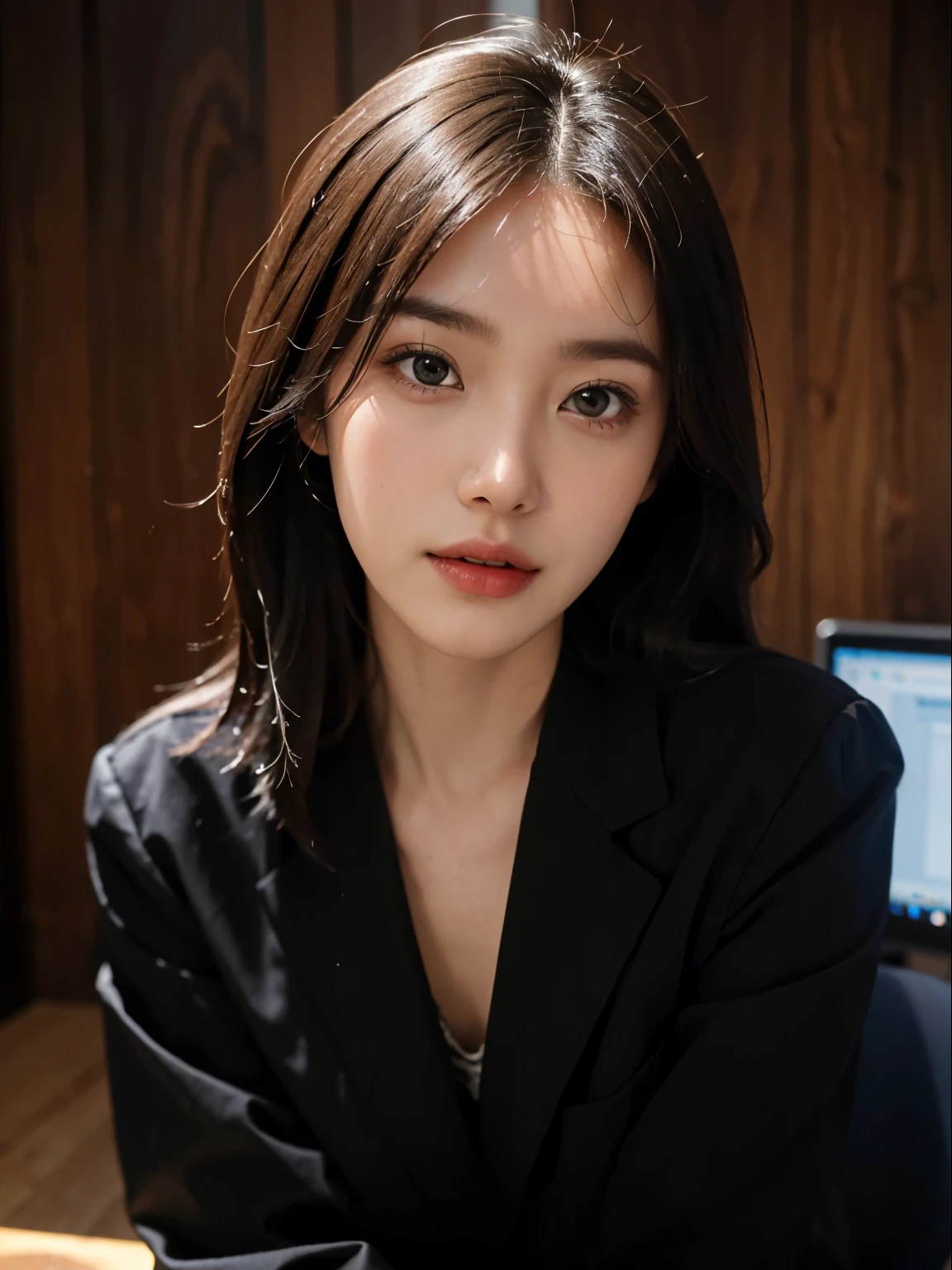8k, best quality, (beauty), HD, actual, real person, full body portrait, delicate face, cute face, 25 year old female, slim figure, small bust, office, office服装, black, exterior, sedentary