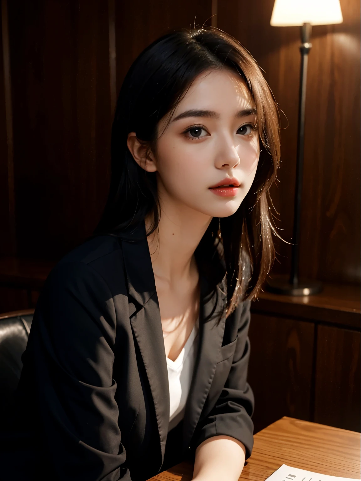 8k, best quality, (beauty), HD, actual, real person, full body portrait, delicate face, cute face, 25 year old female, slim figure, small bust, office, office服装, black, exterior, sedentary