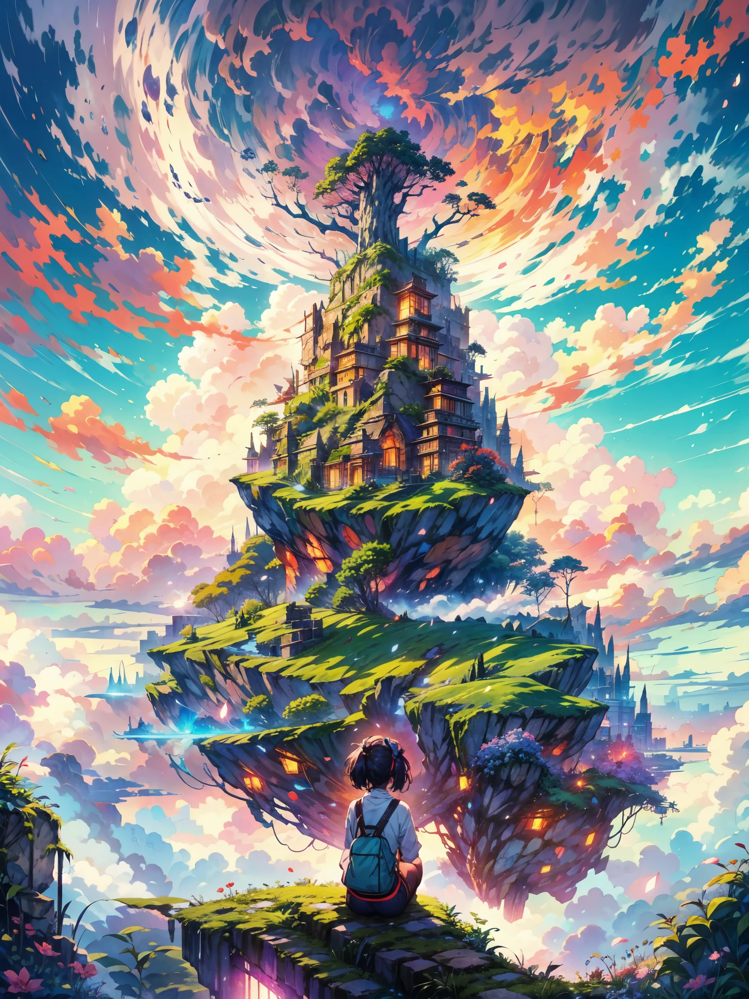 shinkai Mokoto and Ghibli anime style, from behind,above the cloud,a girl in adventure outfit sitting on a mossy stage looking at the majestic lost city and the giant world tree next to it, lost city above the cloud and towering sky, magical glowing partical, vibrant dreamy colorful sky and fluffy clouds, books, apple, glasses, calm,petal,wind blowing hair,sun shine