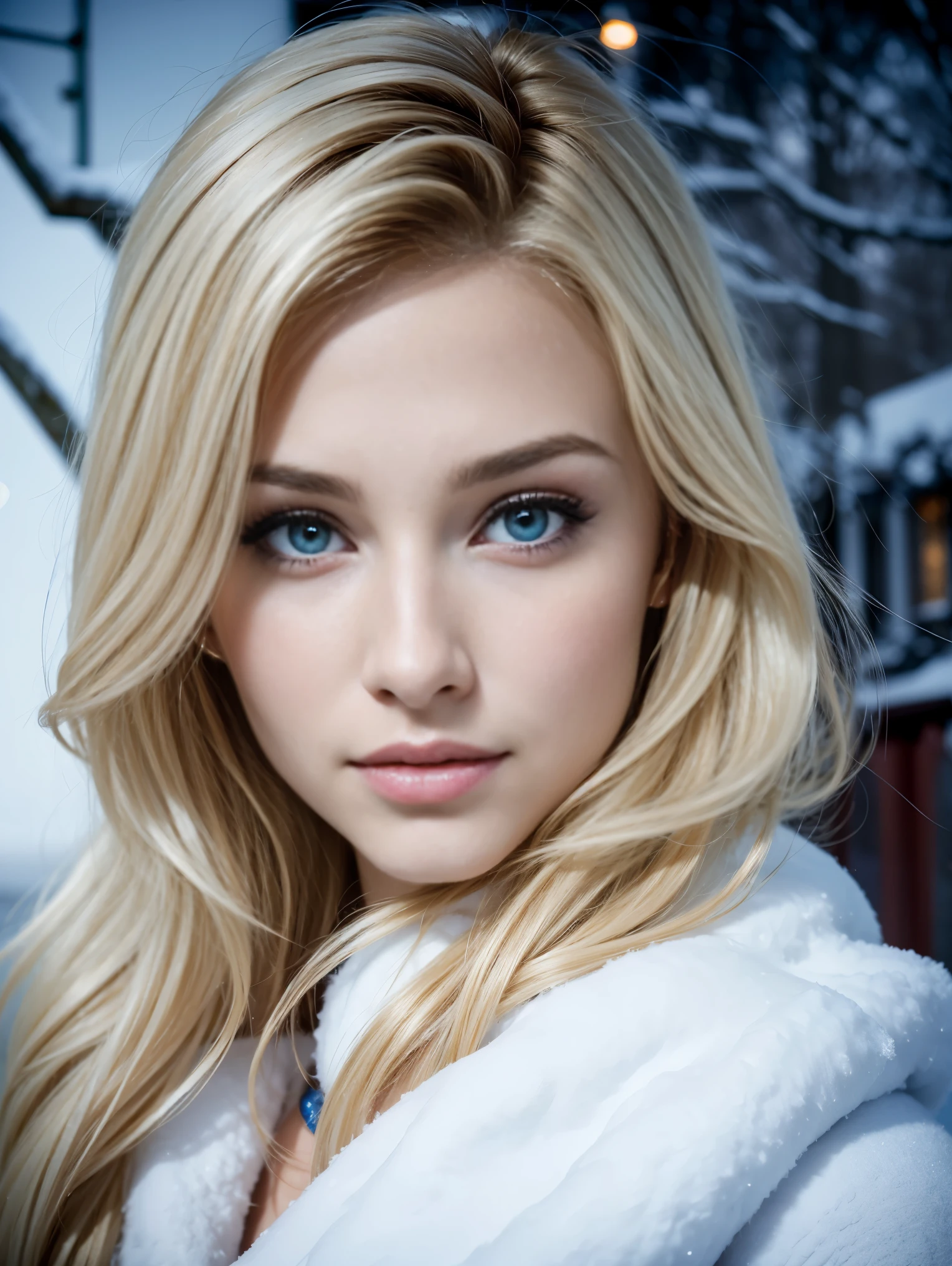 (portrait:1.3), (from above:1.1). an ultra hot gorgeous European woman, age 23, she’s a playmate, men magazine model. Flirts with camera, subtle smil. Blonde wawy hair. (she’s standing in a snowy village at night:1.4) Perfect anatomy, perfect hair, perfect breast, perfect body, perfect hands, perfect face, UHD, retina, masterpiece, accurate, anatomically correct, textured skin. Winter starry night, northern lights