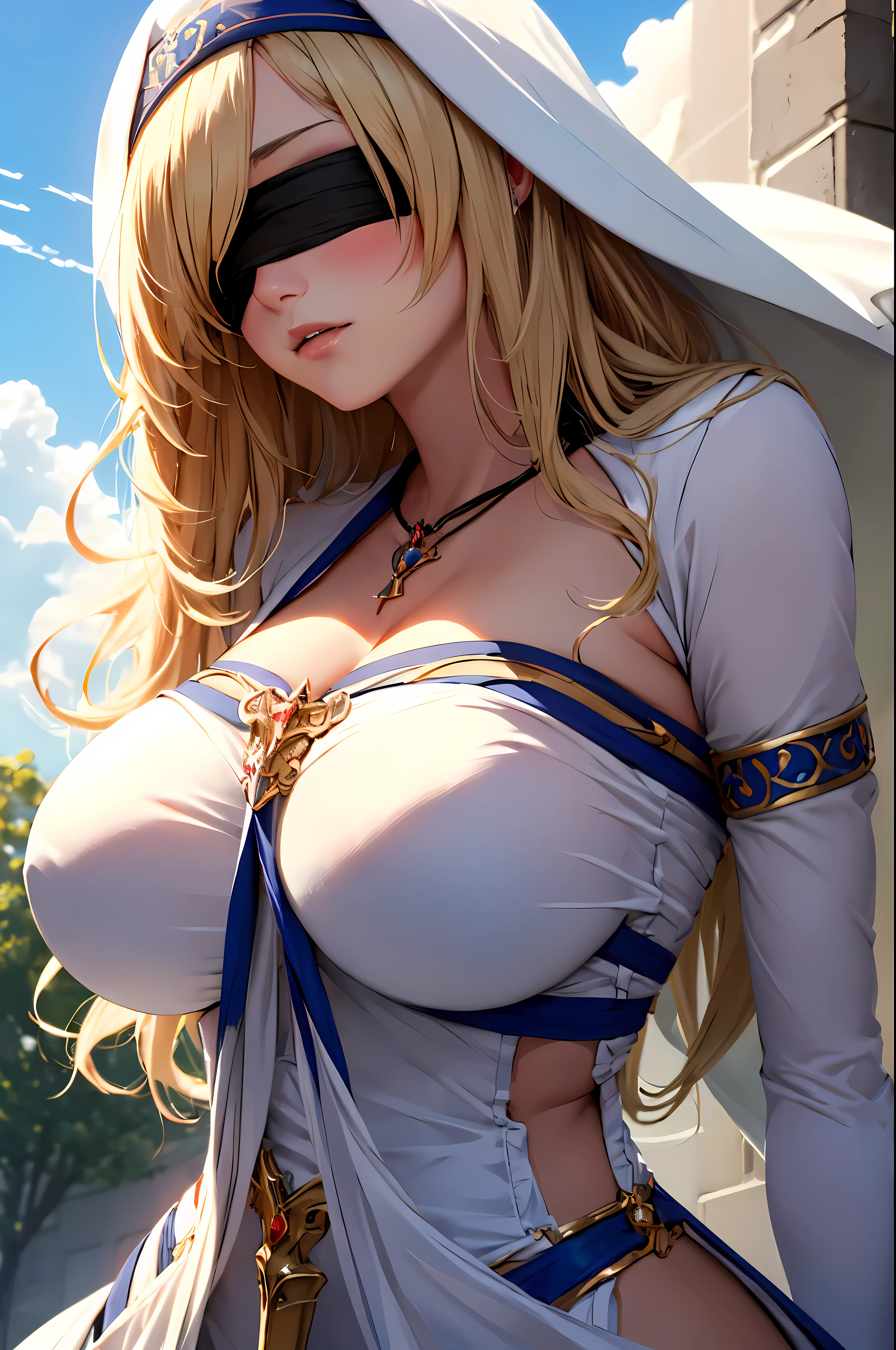 sword_miss,sword miss, long hair, blonde hair, blindfold, (black blindfold:1.2), dress, necklace, white dress, habit, long hair, big bust, dress, white dress, bijouterie, very long hair, Bridal Gauntlet, separated sleeves, Gloves,  best quality, looking at viewer, sharp focus, (8 thousand), (4K), (masterpiece), (best quality), (realistic skin texture), very detailed, very detailed, , illustration, soft lighting, , high resolution, sharp details, blush, outdoor, blue sky, cloud afternoon, afternoon