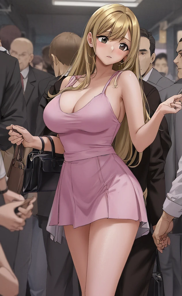 A beautiful woman with long walnut-colored hair, big breasts, and beautiful legs is standing in a crowded train with middle-aged men in suits, wearing a pale pink dress that shows her shoulders and a slightly dark white miniskirt.。