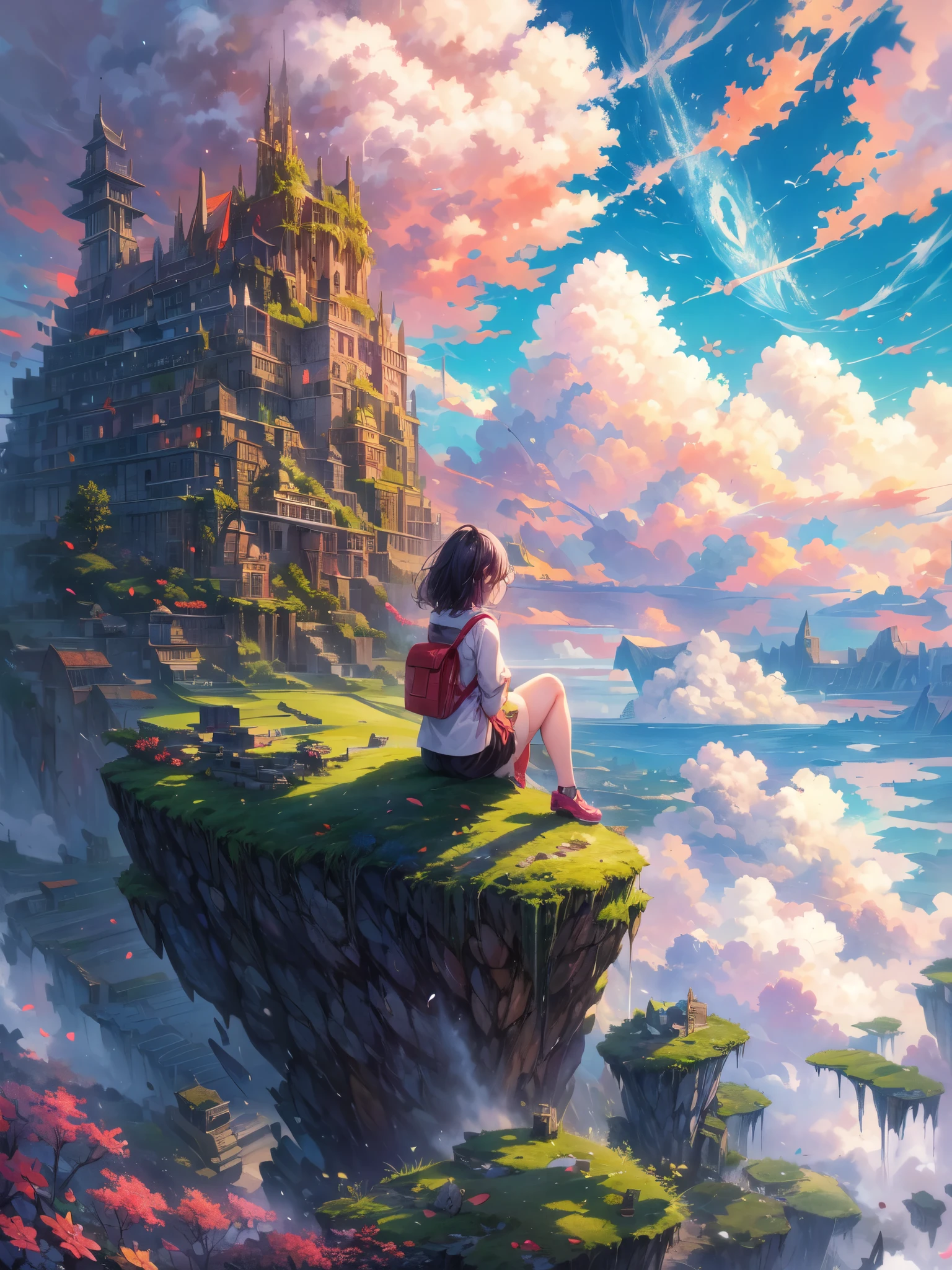 shinkai Mokoto and Ghibli anime style, from behind,above the cloud,a girl in adventure outfit sitting on a mossy stage looking at the majestic lost city and the giant world tree next to it, lost city above the cloud and towering sky, magical glowing partical, vibrant dreamy colorful sky and fluffy clouds, books, apple, glasses, calm,petal,wind blowing hair,sun shine