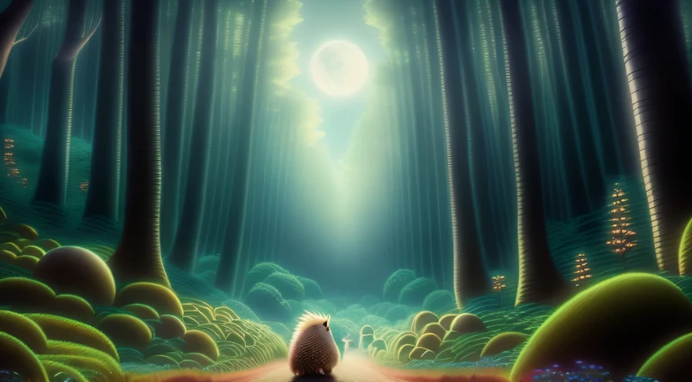 Hedgehog in the forest，The background is a full moon, charming数字, background artwork, anime lush john 8k forest, fantasy matte，charming, Whimsical fantasy landscape art, calm night. digital illustration, charming detailed digital art, fantasy illustration, High quality wallpaper, Magic forest background, dream, Surreal Sonic the Hedgehog, High quality desktop wallpaper