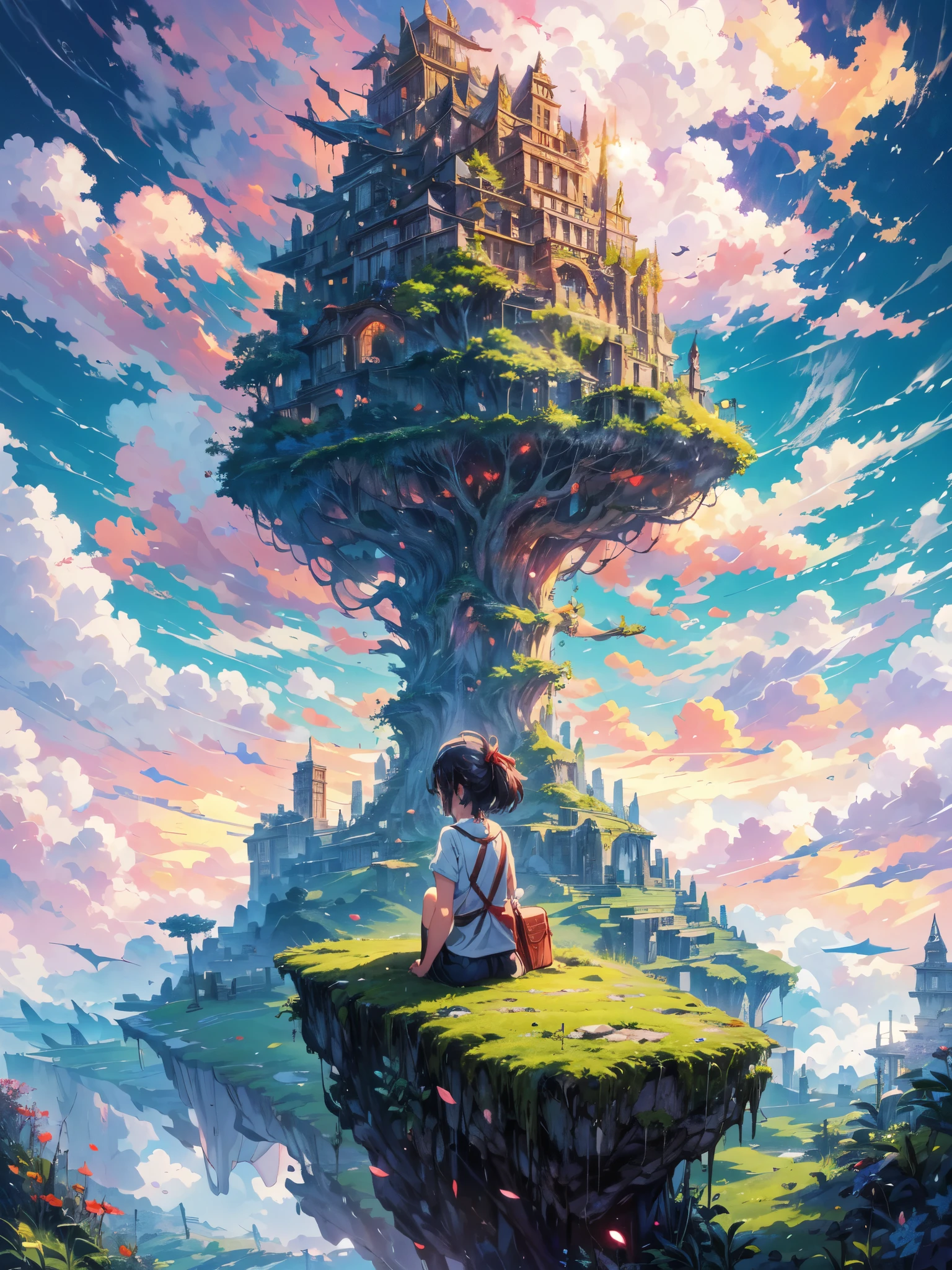 shinkai Mokoto and Ghibli anime style, from behind,above the cloud,a girl in adventure outfit sitting on a mossy stage looking at the majestic lost city and the giant world tree next to it, lost city above the cloud and towering sky, magical glowing partical, vibrant dreamy colorful sky and fluffy clouds, books, apple, glasses, calm,petal,wind blowing hair,sun shine