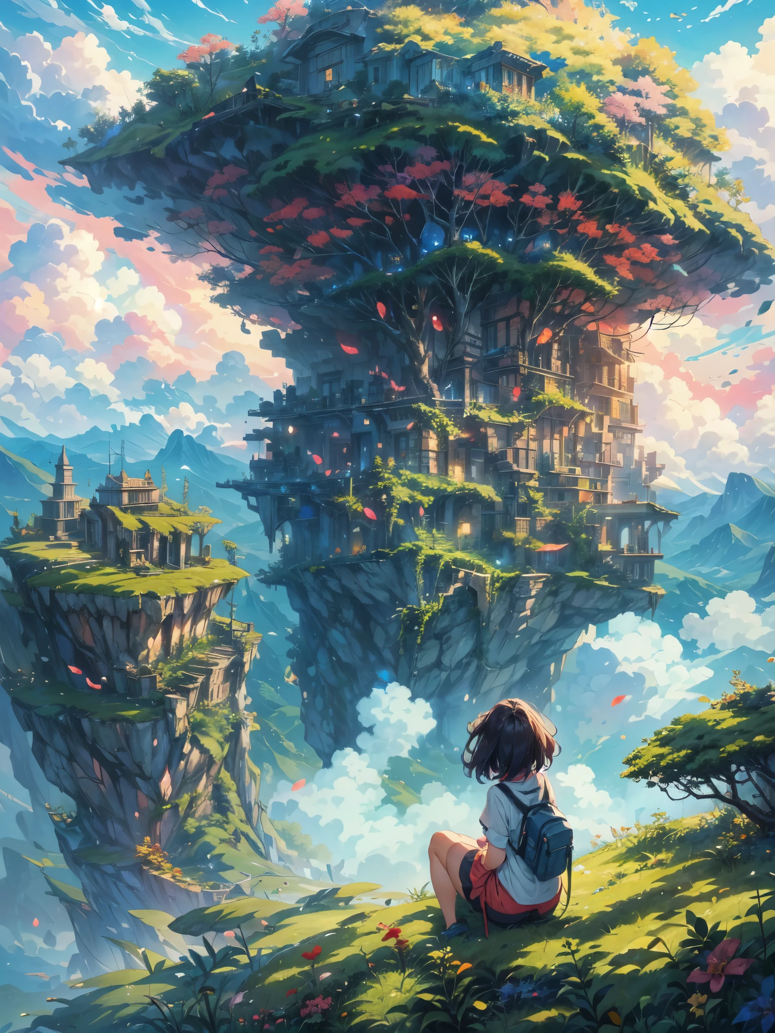 shinkai Mokoto and Ghibli anime style, from behind,above the cloud,a girl in adventure outfit sitting on a mossy stage looking at the majestic lost city and the giant world tree next to it, lost city above the cloud and towering sky, magical glowing partical, vibrant dreamy colorful sky and fluffy clouds, books, apple, glasses, calm,petal,wind blowing hair,sun shine