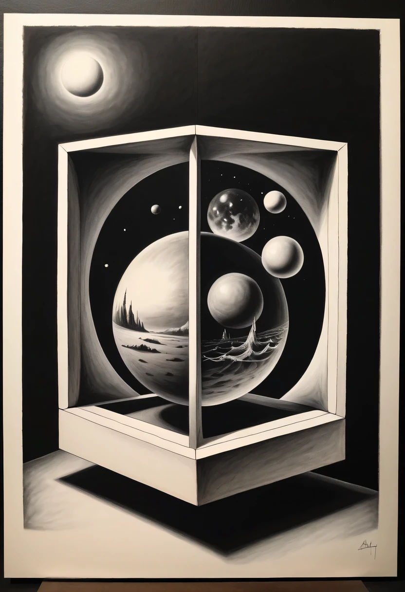 Optical illusion art,Draw a three-dimensional diagram on a square piece of paper,3D artwork,Surrealism,The details are impeccable,Drawing with charcoal,
