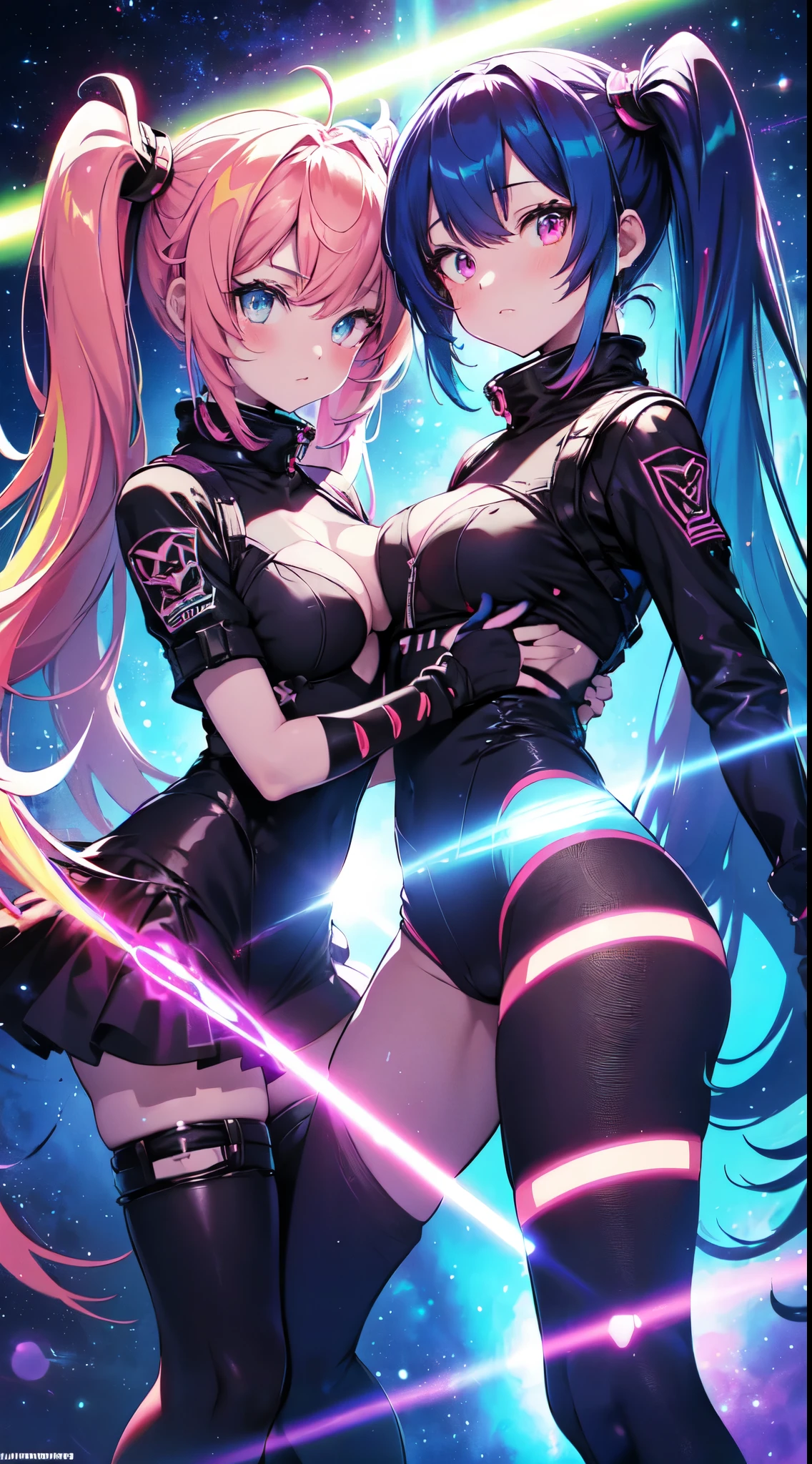 Space Cities, 2girls, twintails, cuties, slutty, kinky, short twintails, retro punk sexy style. asteroid, lensflare, ligth particle, laser beams, reflex, high color contrast, hot pants, (((fleshie tigths))), quamtum bubbles, ((skindentation)), (((vibrant colors))) (((fleshie pubis))) NSFW