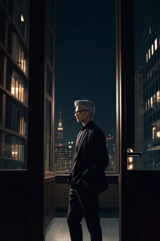 Realistic magic of a man with short, gray hair, wearing glasses, wearing a black sweatshirt, expression of fear, standing, setting of a night office, night buildings in the landscape through the window