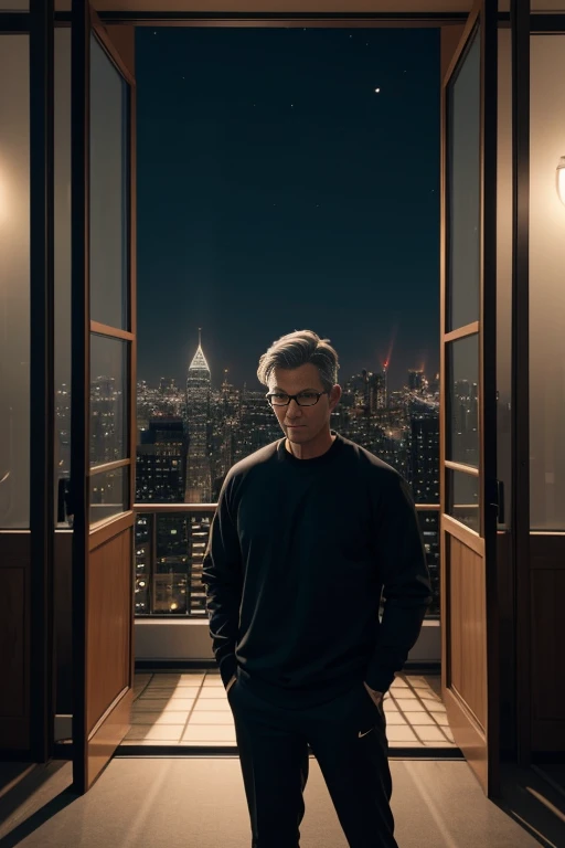 Realistic magic of a man with short, gray hair, wearing glasses, wearing a black sweatshirt, expression of fear, standing, setting of a night office, night buildings in the landscape through the window