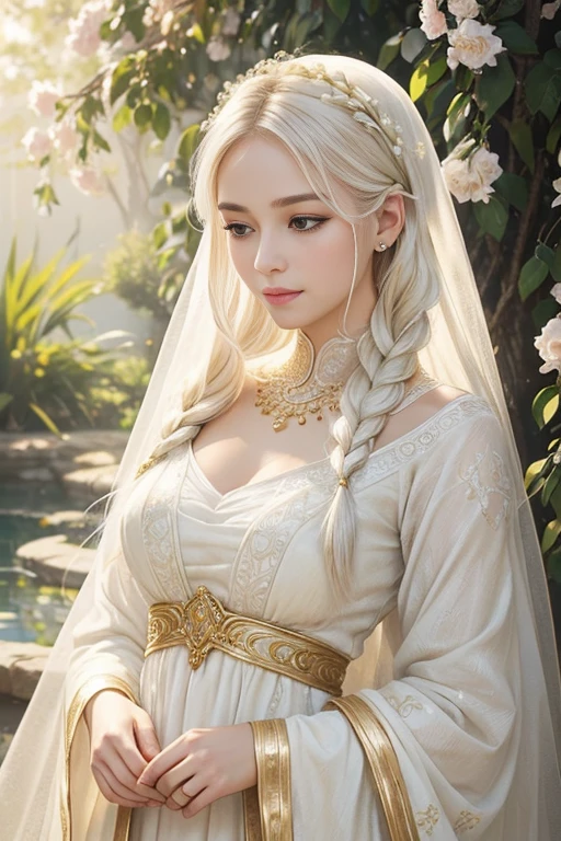 white hair, gold eyes, white clothes, looking up, upper body, hair strand, fair skin, side braids, portraits, soft lighting, pastel colors, gentle smile, blooming flowers, dreamy atmosphere, ethereal beauty, detailed brushwork, delicate features, tranquil expression, peaceful background, soft and flowing hair, warm sunlight, soft shadows, romantic and whimsical, elegant pose, sparkling highlights, gentle breeze, serene and calm, fine art style, captivating gaze, luminous complexion, vibrant and dreamlike, intricately painted, graceful and elegant posture, glowing complexion, intricate floral patterns, magical aura, pale color palette, glowing gold accents, mysterious and enchanting, subtle and subdued tones, intricate details, dazzling golden accessories, radiant beauty, heavenly and angelic presence, captivating and alluring, immaculate and flawless complexion, intricate texture, soft and diffused lighting, serene and enchanting backdrop, joyful and serene expression, evoking a sense of wonder and awe, delicate and soft brushstrokes, mesmerizing and ethereal