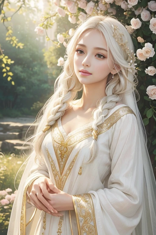 white hair, gold eyes, white clothes, looking up, upper body, hair strand, fair skin, side braids, portraits, soft lighting, pastel colors, gentle smile, blooming flowers, dreamy atmosphere, ethereal beauty, detailed brushwork, delicate features, tranquil expression, peaceful background, soft and flowing hair, warm sunlight, soft shadows, romantic and whimsical, elegant pose, sparkling highlights, gentle breeze, serene and calm, fine art style, captivating gaze, luminous complexion, vibrant and dreamlike, intricately painted, graceful and elegant posture, glowing complexion, intricate floral patterns, magical aura, pale color palette, glowing gold accents, mysterious and enchanting, subtle and subdued tones, intricate details, dazzling golden accessories, radiant beauty, heavenly and angelic presence, captivating and alluring, immaculate and flawless complexion, intricate texture, soft and diffused lighting, serene and enchanting backdrop, joyful and serene expression, evoking a sense of wonder and awe, delicate and soft brushstrokes, mesmerizing and ethereal