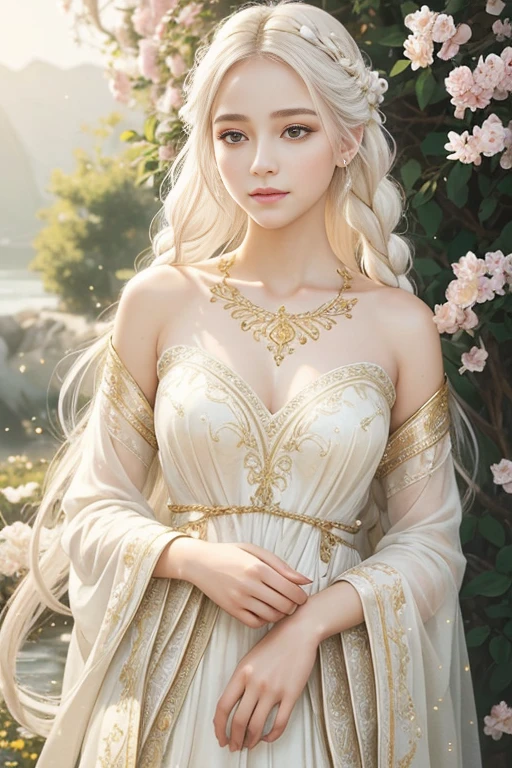 white hair, gold eyes, white clothes, looking up, upper body, hair strand, fair skin, side braids, portraits, soft lighting, pastel colors, gentle smile, blooming flowers, dreamy atmosphere, ethereal beauty, detailed brushwork, delicate features, tranquil expression, peaceful background, soft and flowing hair, warm sunlight, soft shadows, romantic and whimsical, elegant pose, sparkling highlights, gentle breeze, serene and calm, fine art style, captivating gaze, luminous complexion, vibrant and dreamlike, intricately painted, graceful and elegant posture, glowing complexion, intricate floral patterns, magical aura, pale color palette, glowing gold accents, mysterious and enchanting, subtle and subdued tones, intricate details, dazzling golden accessories, radiant beauty, heavenly and angelic presence, captivating and alluring, immaculate and flawless complexion, intricate texture, soft and diffused lighting, serene and enchanting backdrop, joyful and serene expression, evoking a sense of wonder and awe, delicate and soft brushstrokes, mesmerizing and ethereal
